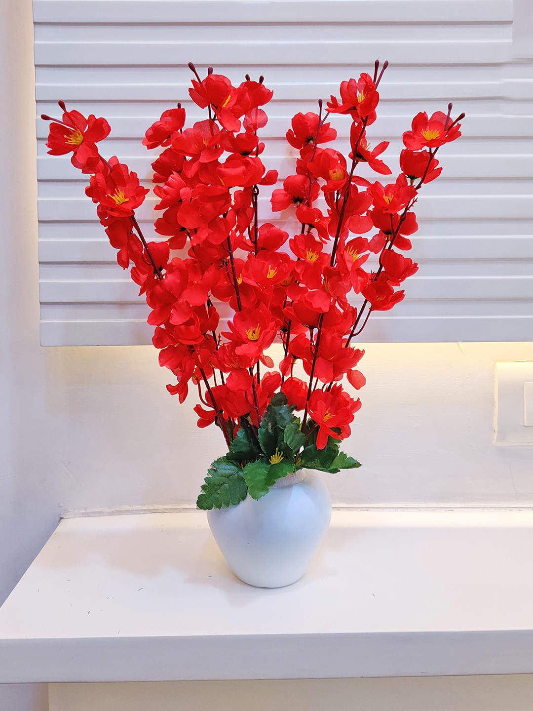 ARTSY Red & White Cherry Blossom Artificial Flowers With Pot