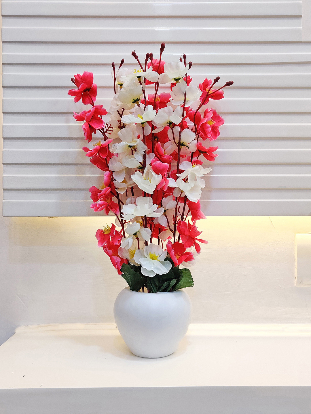 ARTSY White & Red Cherry Blossom Artificial Flowers With Pot