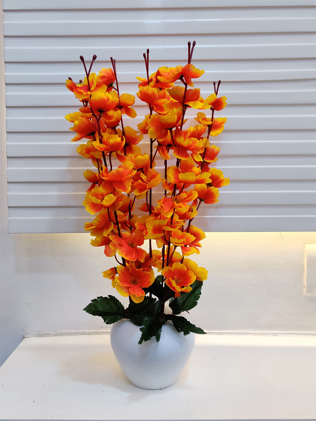 ARTSY Orange Cherry Blossom Artificial Flowers With Pot