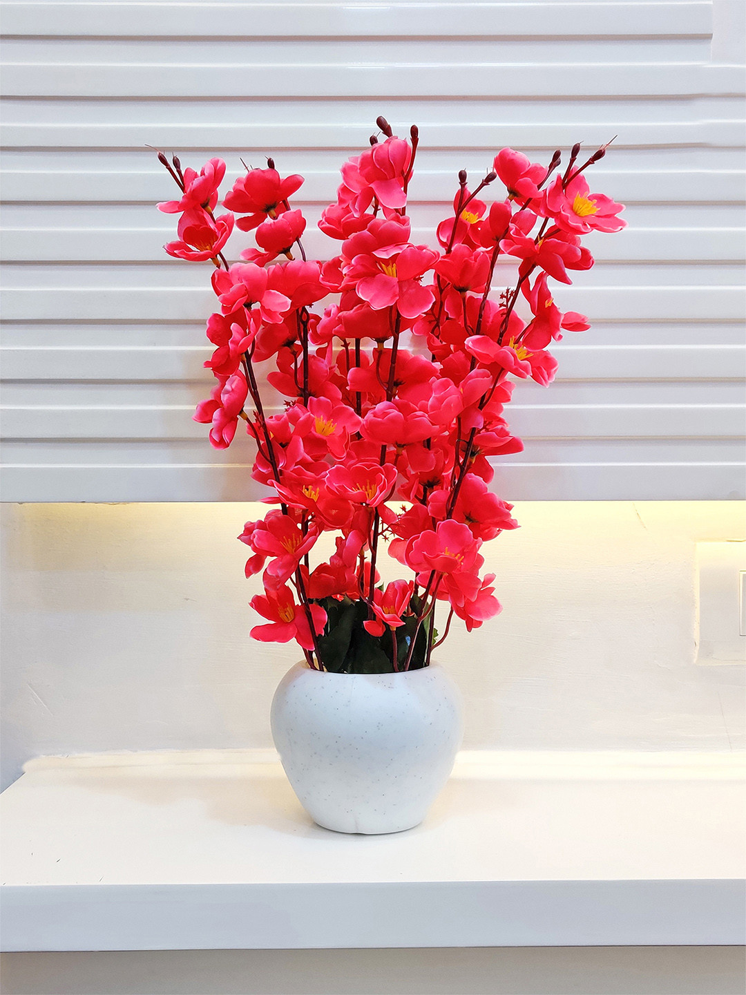 ARTSY Maroon & White Cherry Blossom Artificial Flowers With Pot