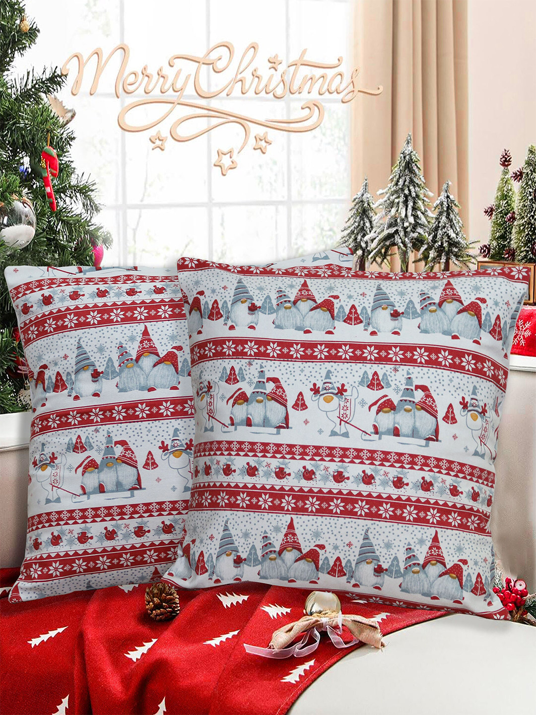HOME COLORS.IN White & Red 2 Pieces Square Cushion Covers