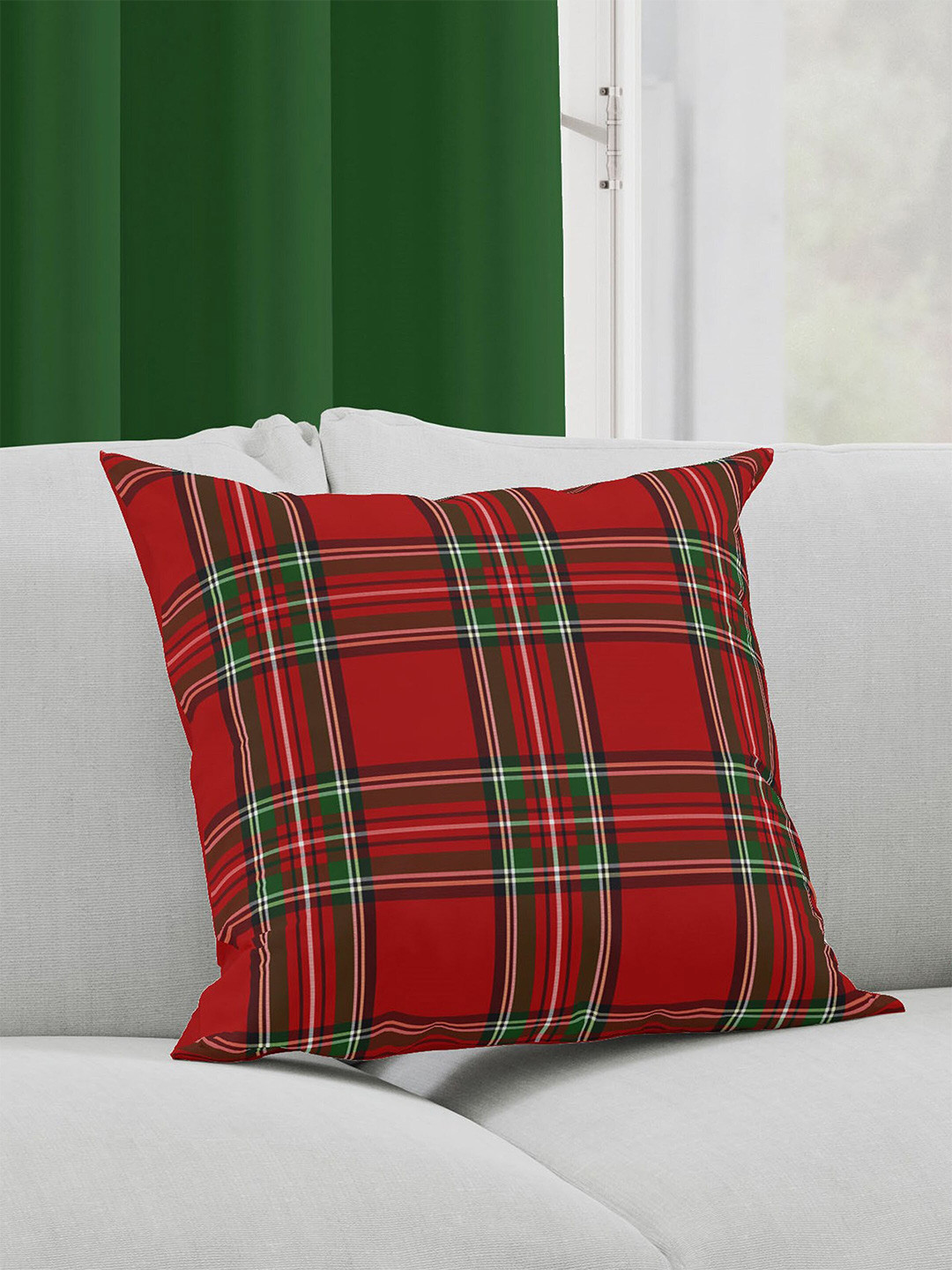 HOME COLORS.IN Red Checked Polycotton Durable 2 Piece Square Cushion Covers -18x18In