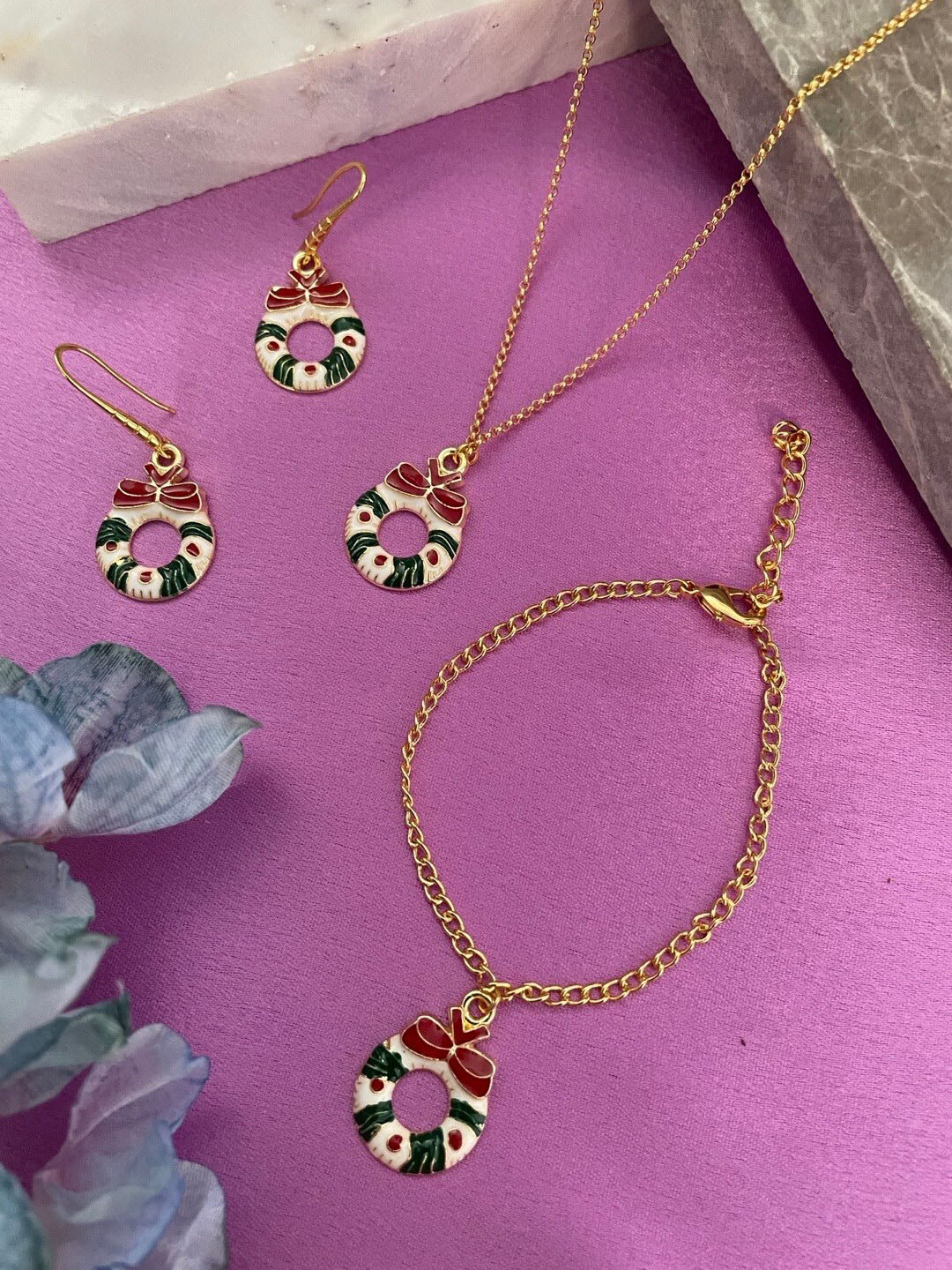 Digital Dress Room Gold-Plated Christmas Charm Enamelled Necklace & Earrings With Bracelet