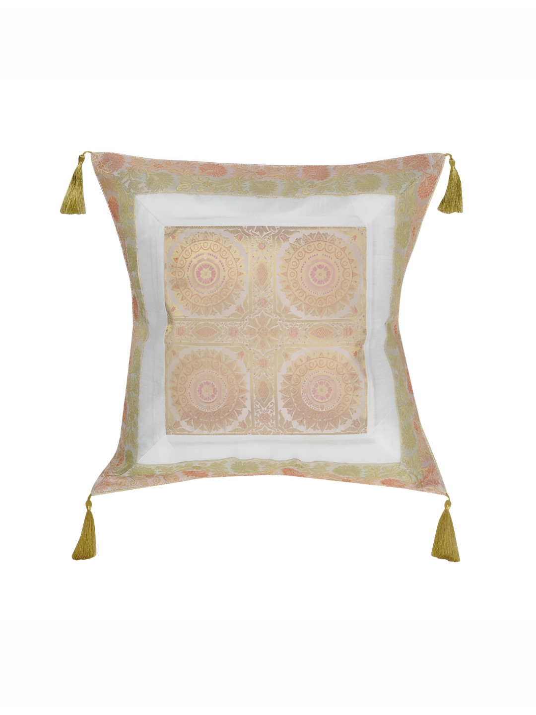 Lal Haveli White Ethnic Motifs Silk Washable Square Cushion Covers - 18 x 18 In