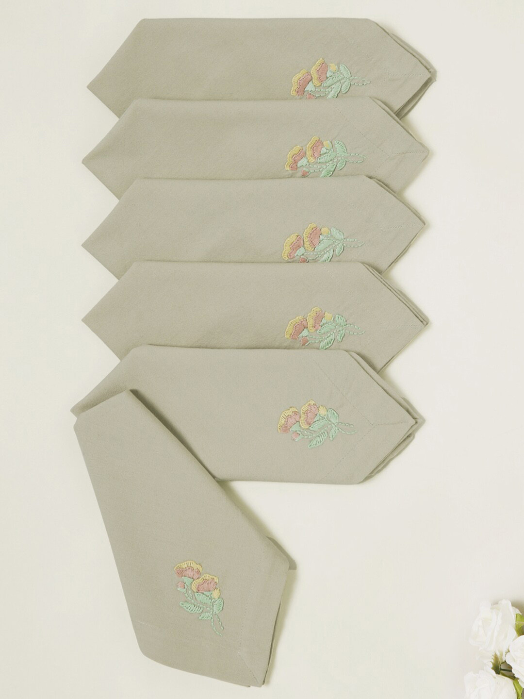 DESIGN GAATHA Beige & Pink 6 Pieces Embroidered Cotton Table Napkins