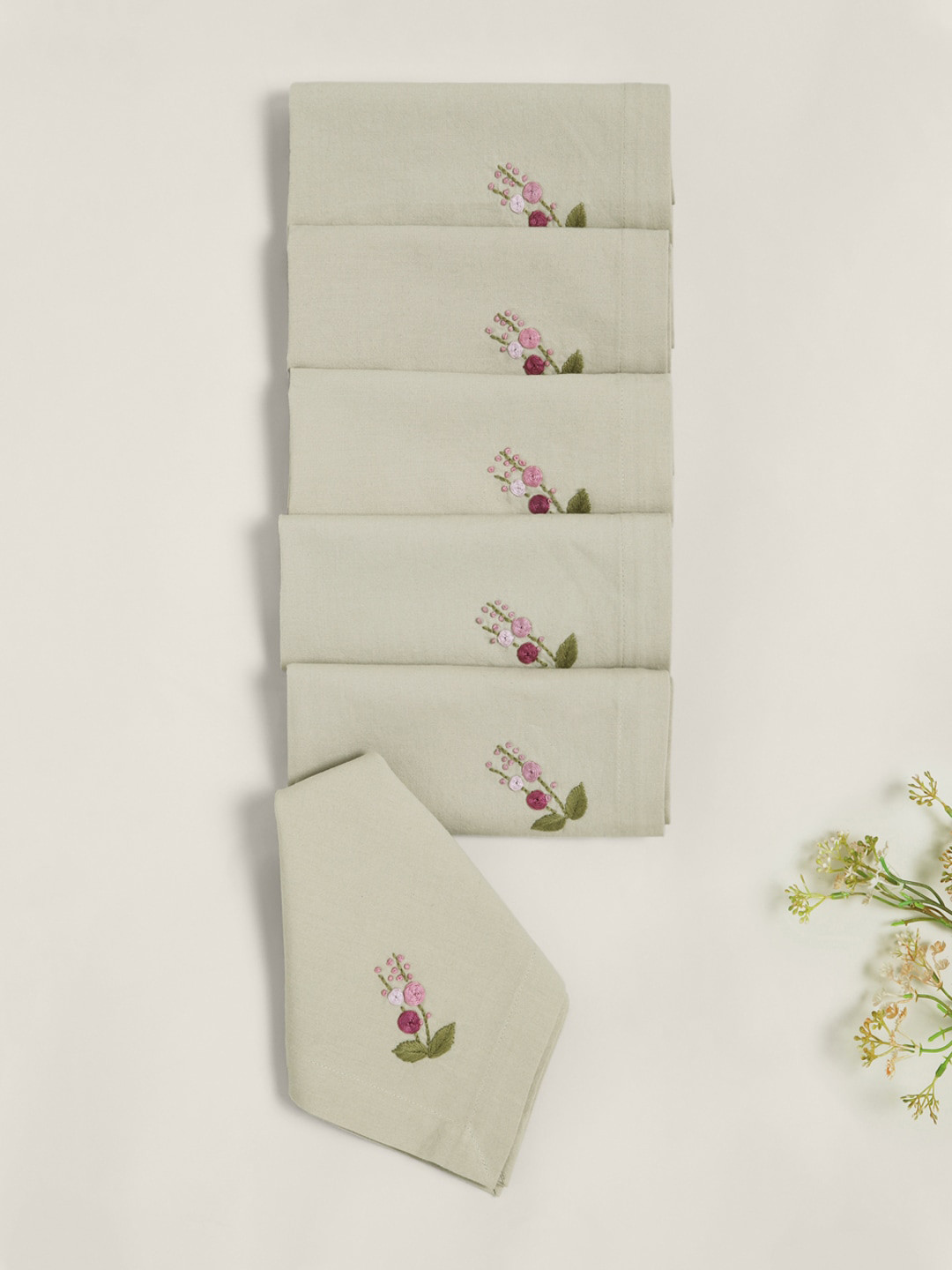 DESIGN GAATHA Beige & Purple 6 Pieces Embroidered Cotton Table Napkins