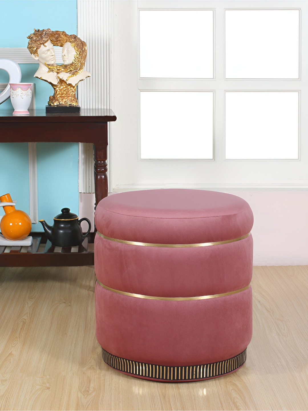 Shadowkart Pink Pouffes Wooden Cylindrical Ottoman