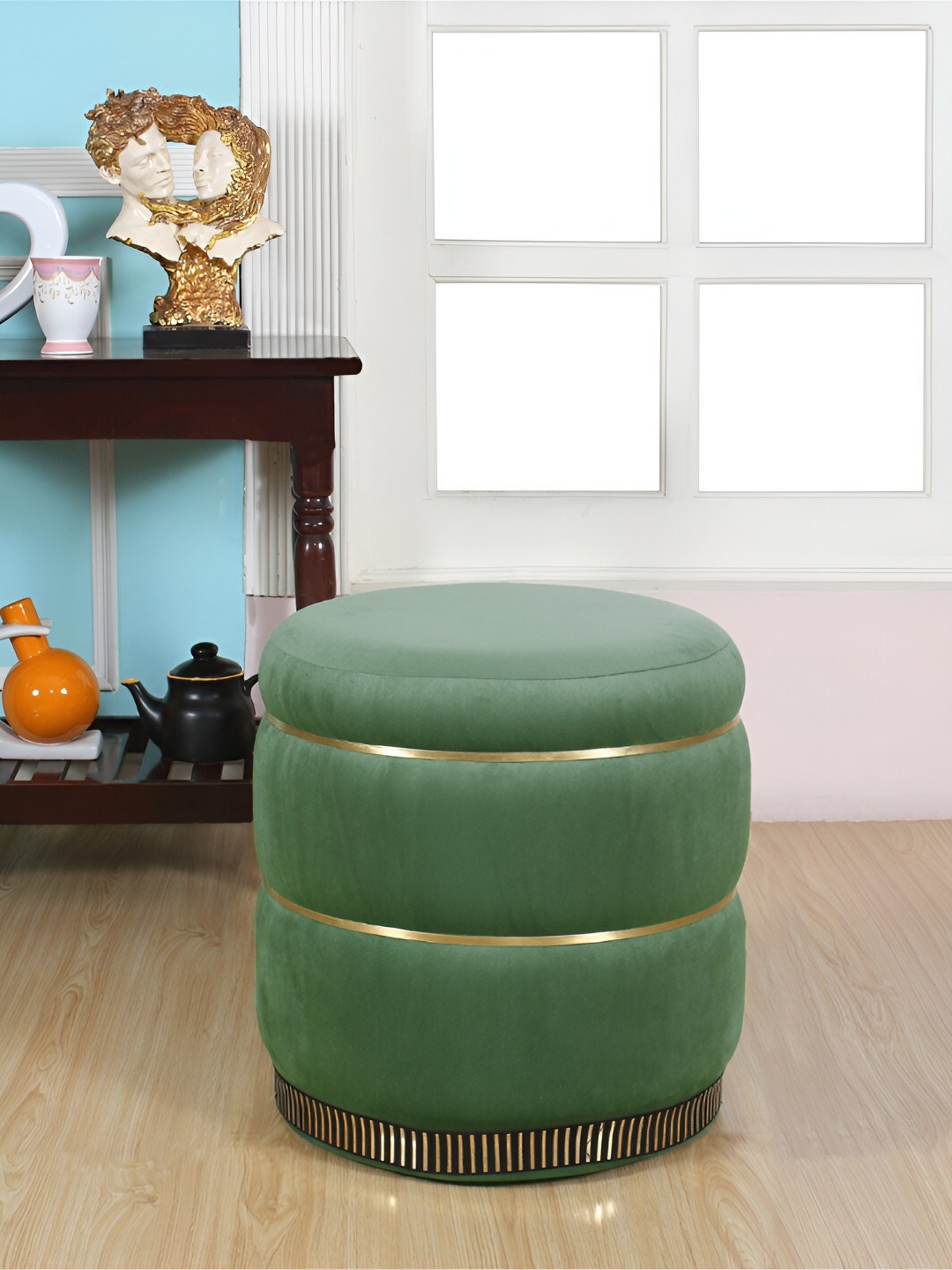 Shadowkart Green & Beige Round Wooden Ottomans