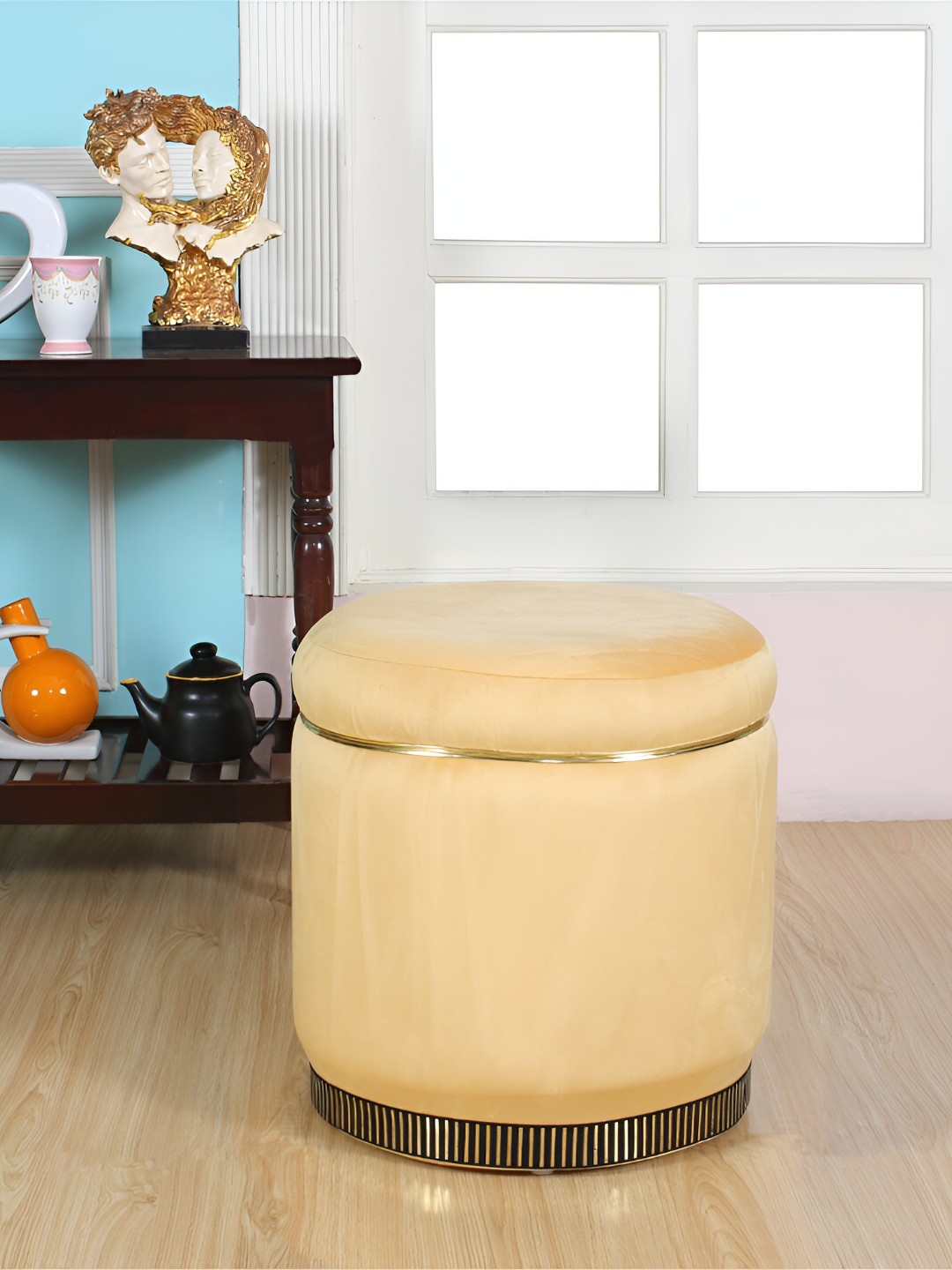 Shadowkart Beige Round Wooden Ottomans