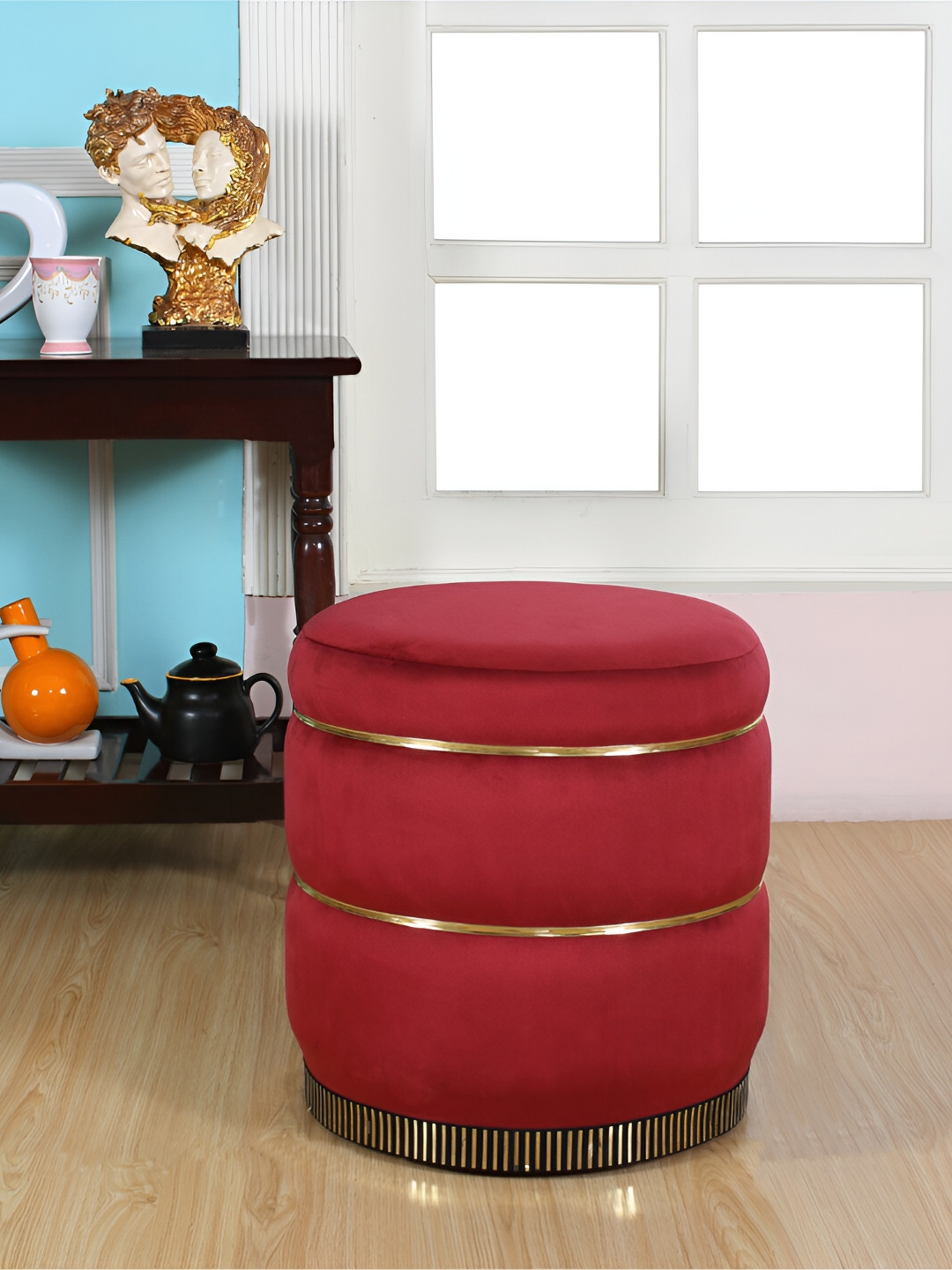 Shadowkart Maroon-Coloured & Beige Round Wooden Ottomans