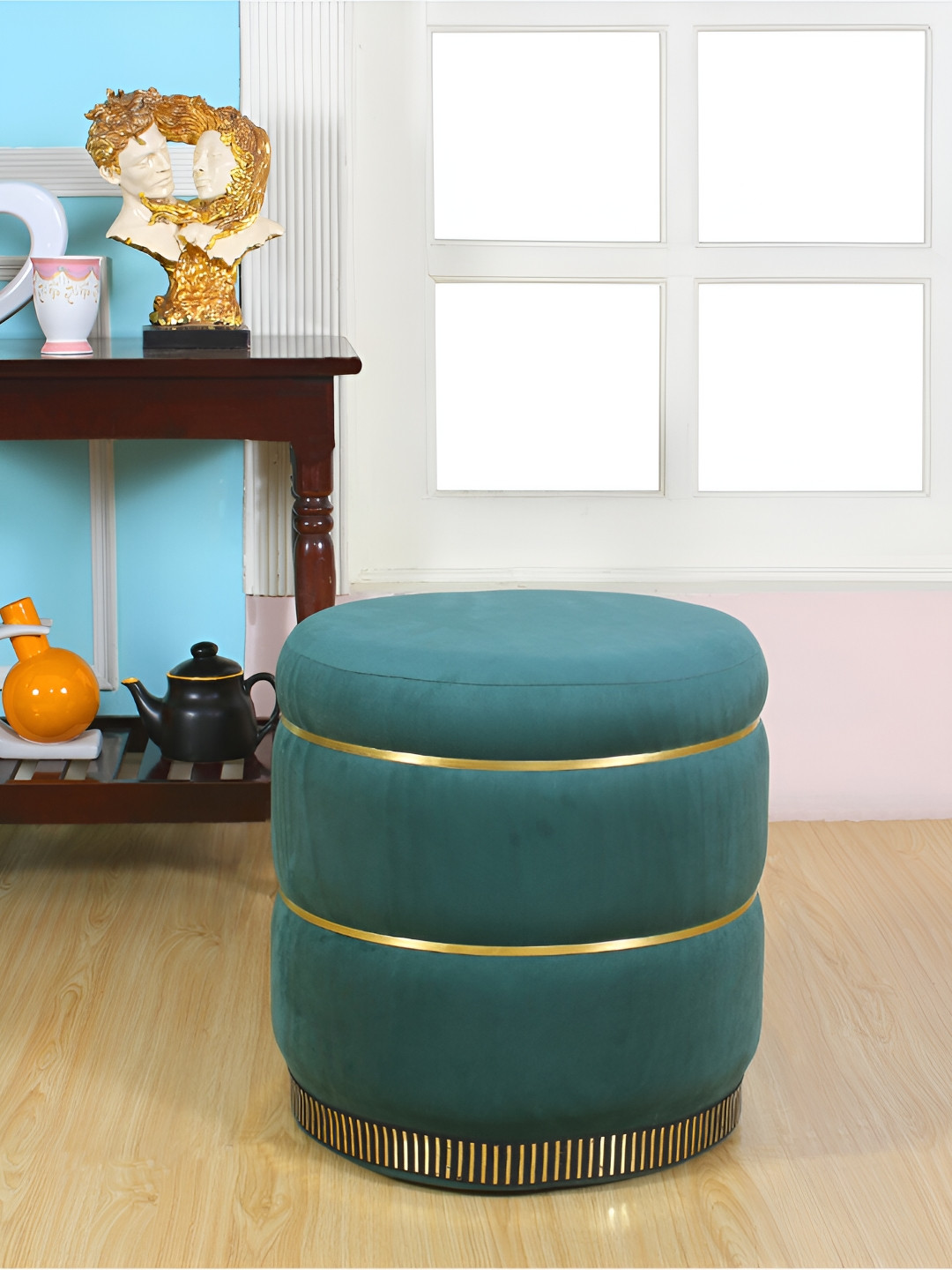 Shadowkart Sea Green & Beige Velvet Cylindrical Ottomans