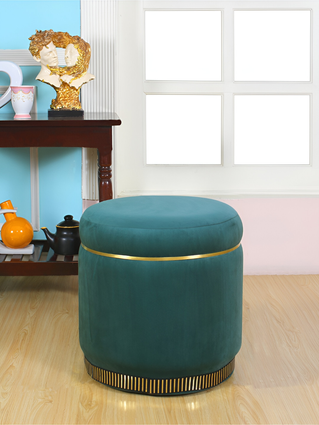 Shadowkart Sea Green & Beige Round Wooden Ottomans