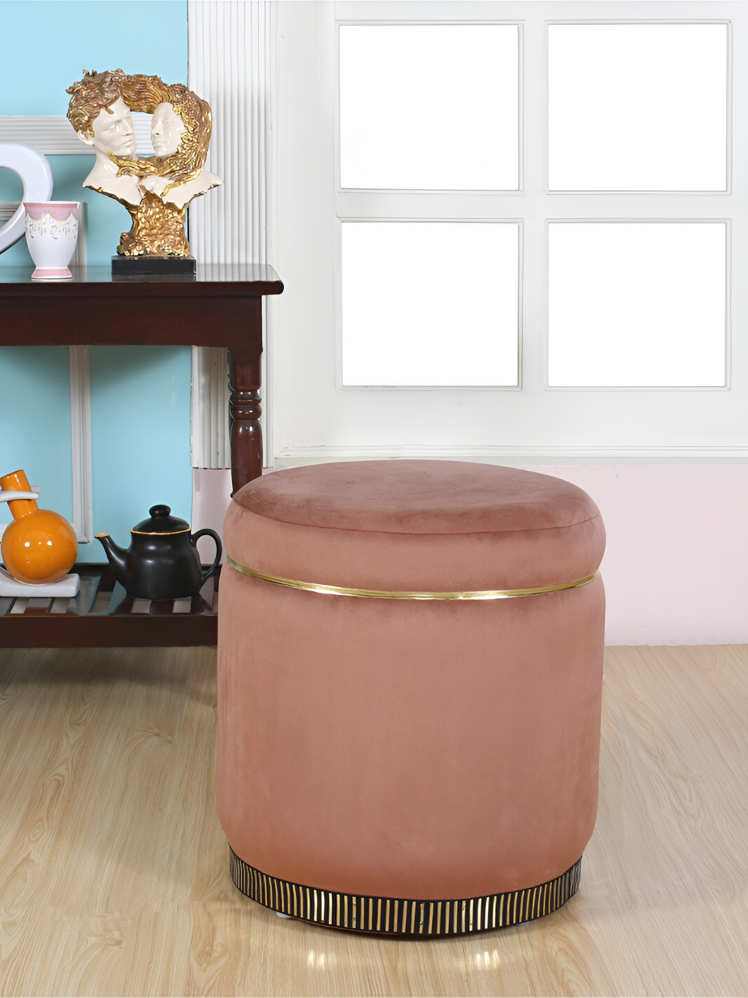 Shadowkart Mauve & Beige Round Wooden Ottomans