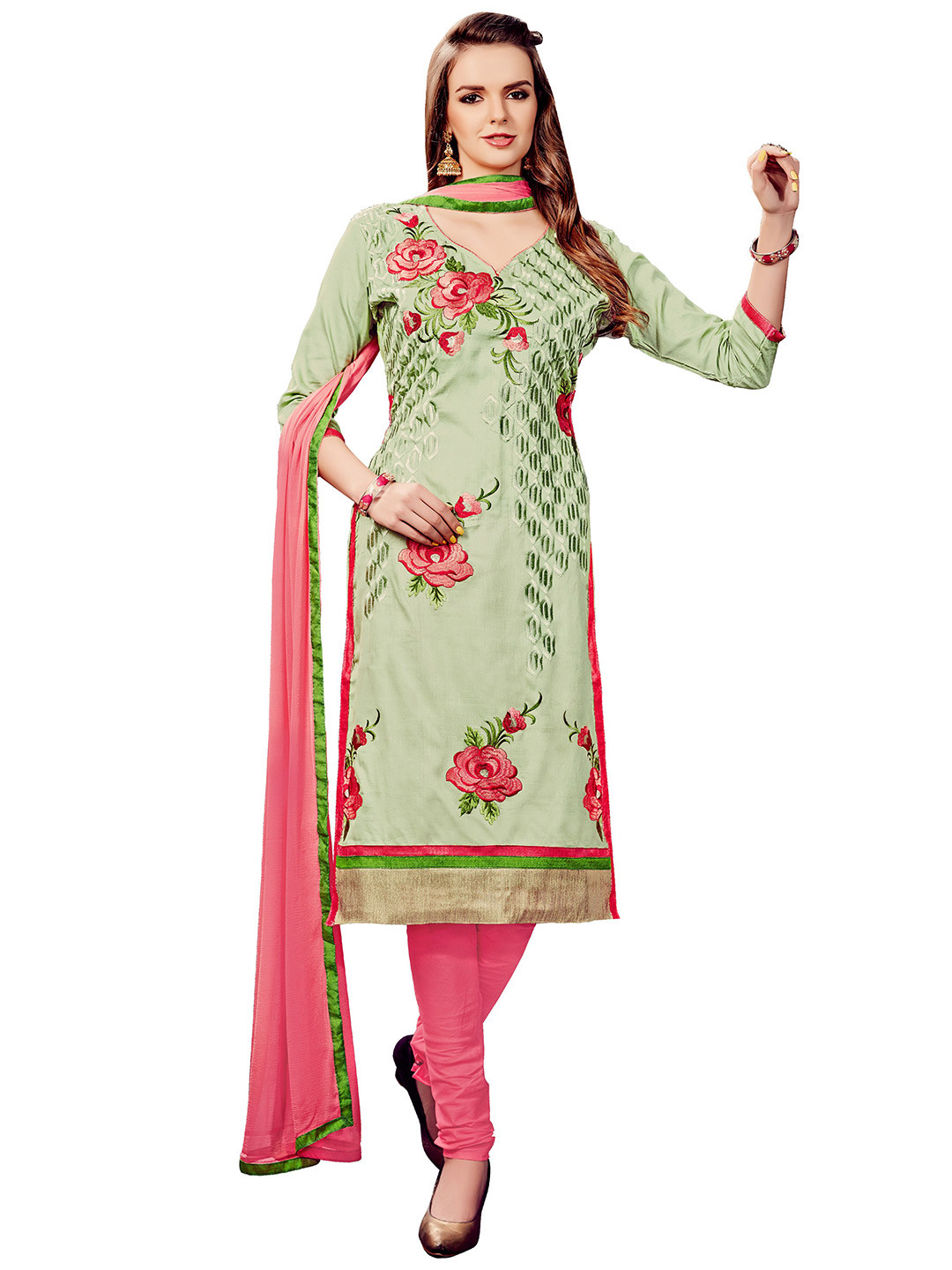MANVAA Floral Embroidered Glaze Cotton Unstitched Dress Material