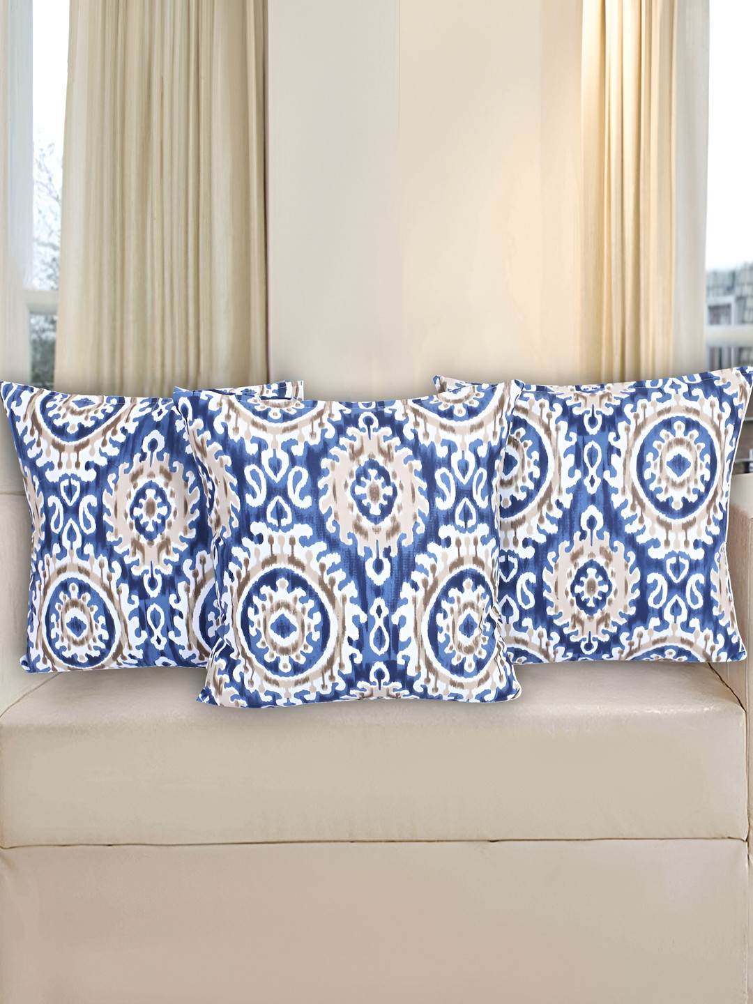 Texstylers Blue Ethnic Motifs Cotton Reversible 3 Square Cushion Covers -18x18In