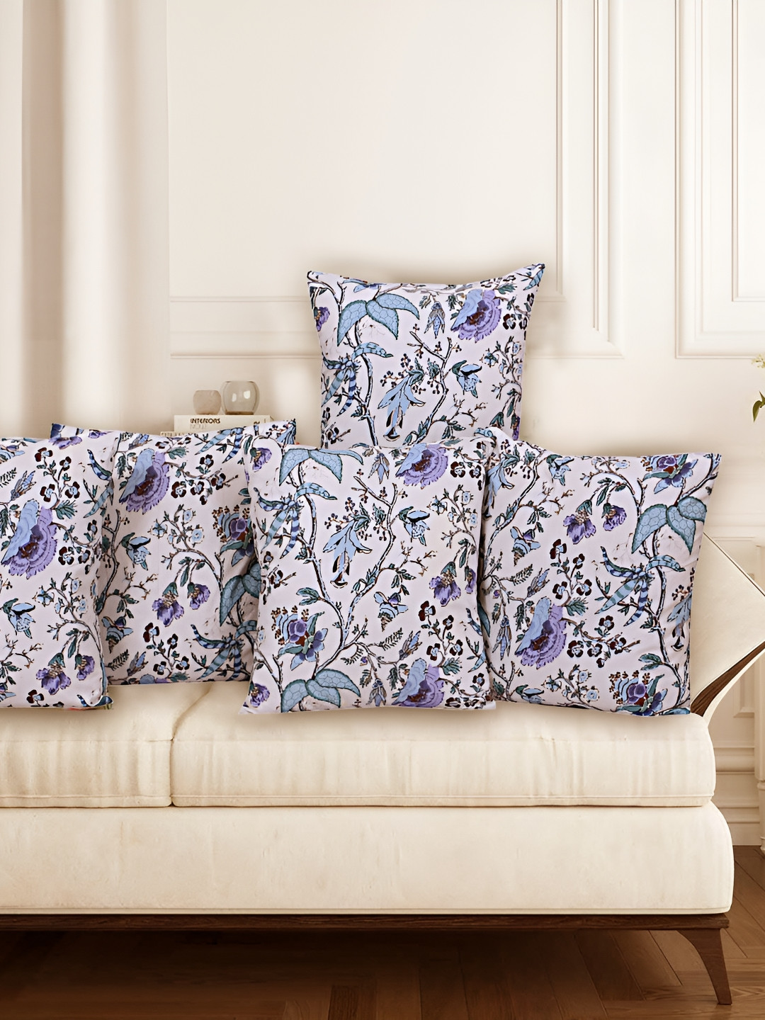 Texstylers Jaipuri Print Blue Floral Cotton Reversible 5 Pcs Cushion Covers -18x18In