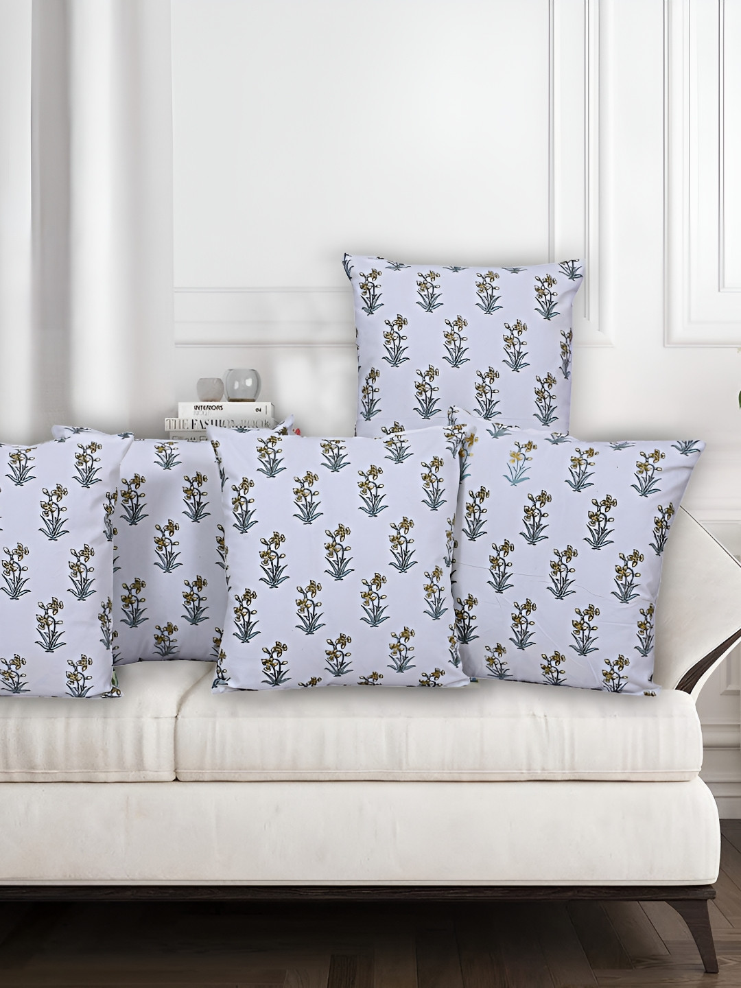 Texstylers Blue Floral Cotton Reversible 5 Piece Square Cushion Covers -18x18In