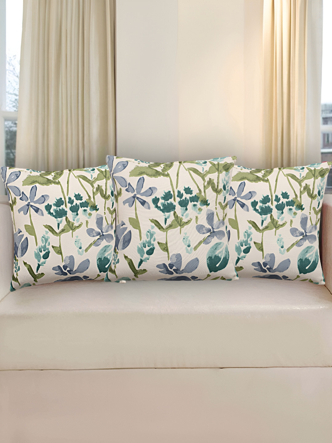 Texstylers Teal Floral Cotton Ultra Soft 3 Piece Square Cushion Covers - 18 x 18 Inches