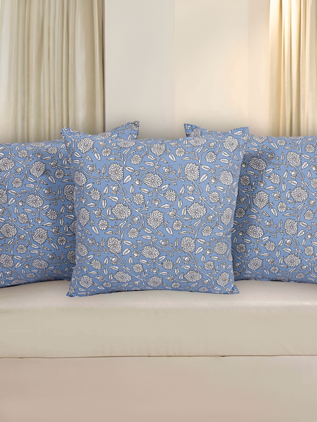 Texstylers Jaipuri Blue Floral Cotton Reversible 3 Pcs Square Cushion Covers - 18 x 18 In