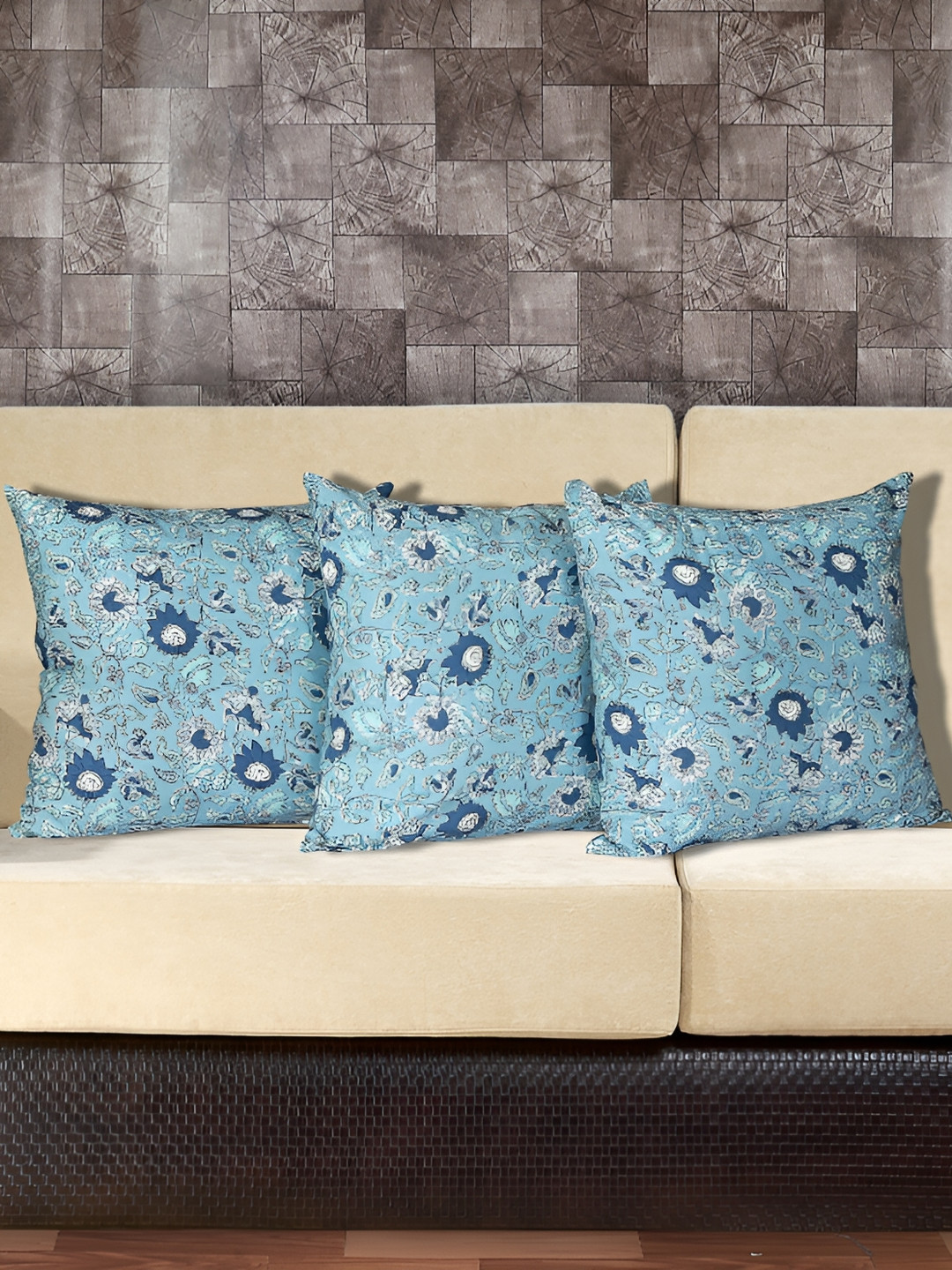 Texstylers Blue Floral Cotton Lightweight 3 Square Cushion Covers -20x20In