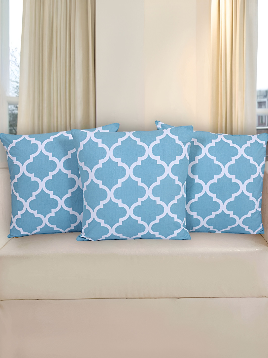 Texstylers Turquoise Blue & White 5 Pieces Printed Cotton Square Reversible Cushion Covers