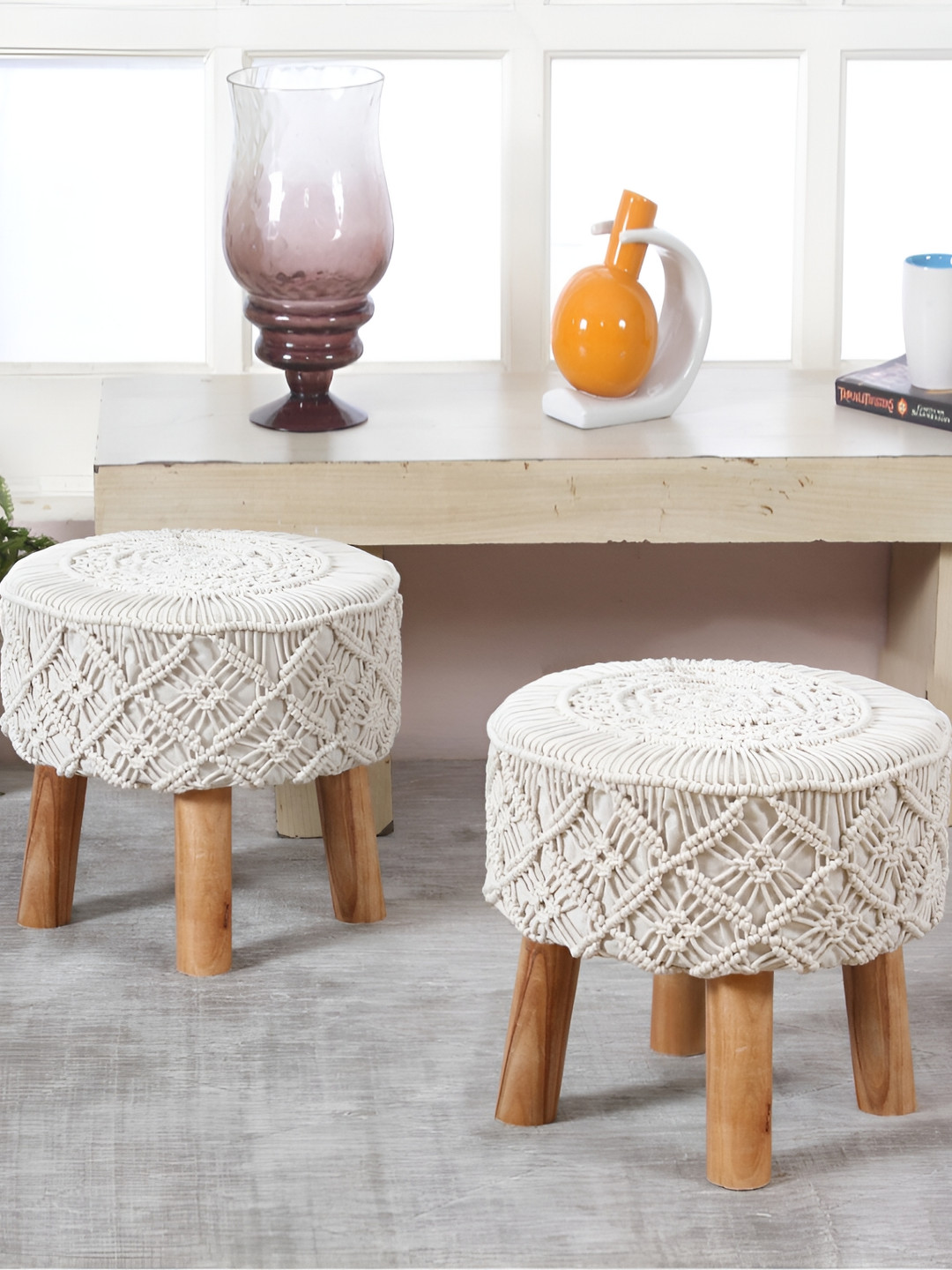 Shadowkart 2-Pcs White & Beige Round Wooden Ottomans