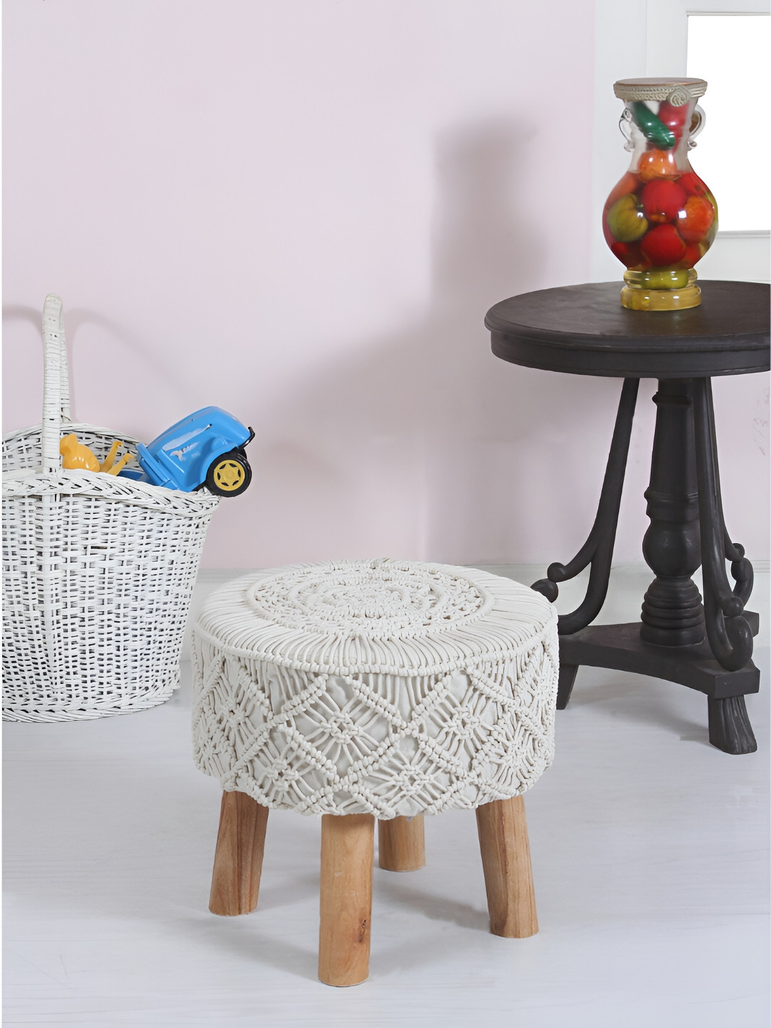 Shadowkart White & Beige Round Wooden Ottomans