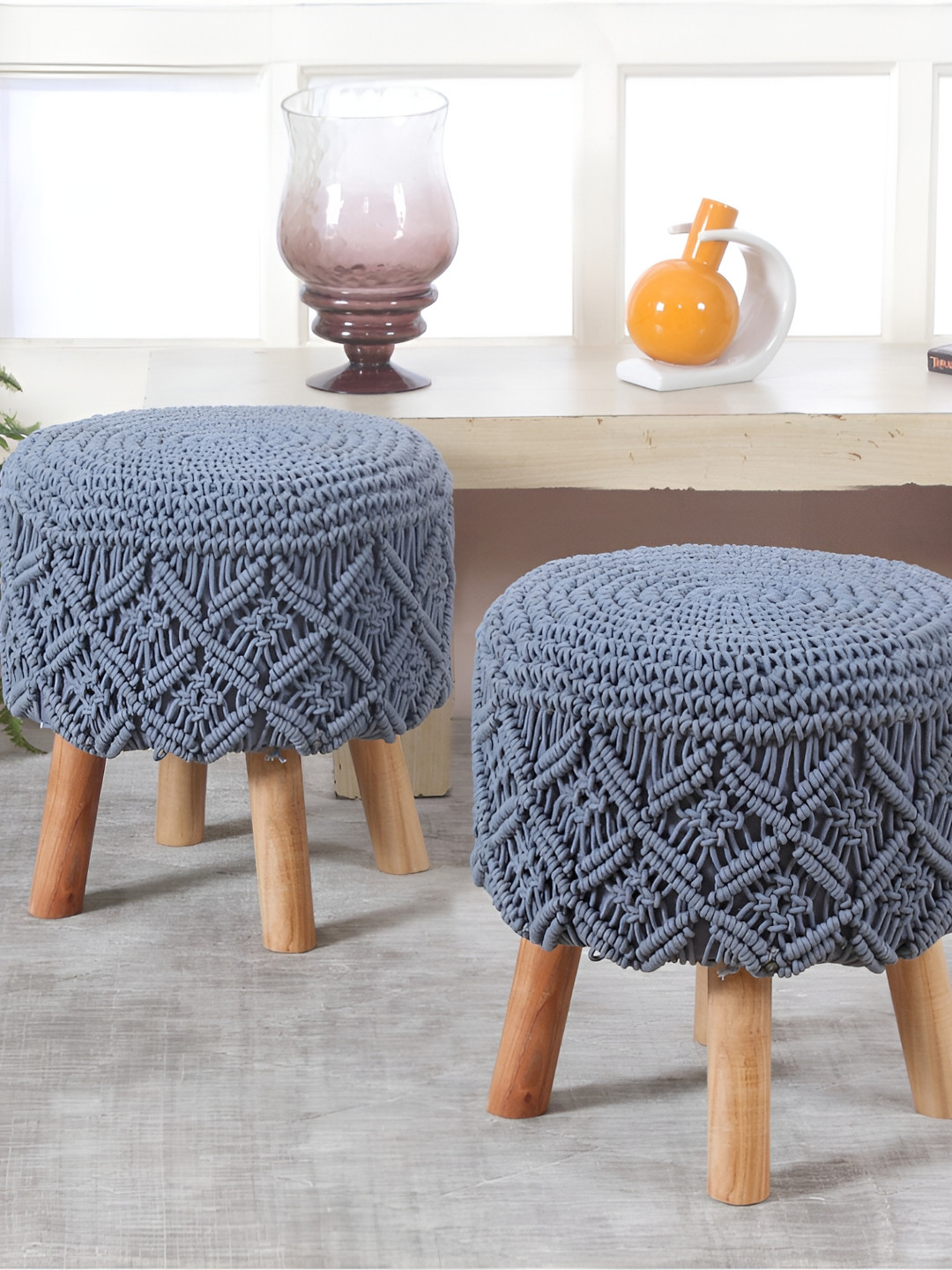 Shadowkart 2-Pcs Grey & Beige Round Wooden Ottomans