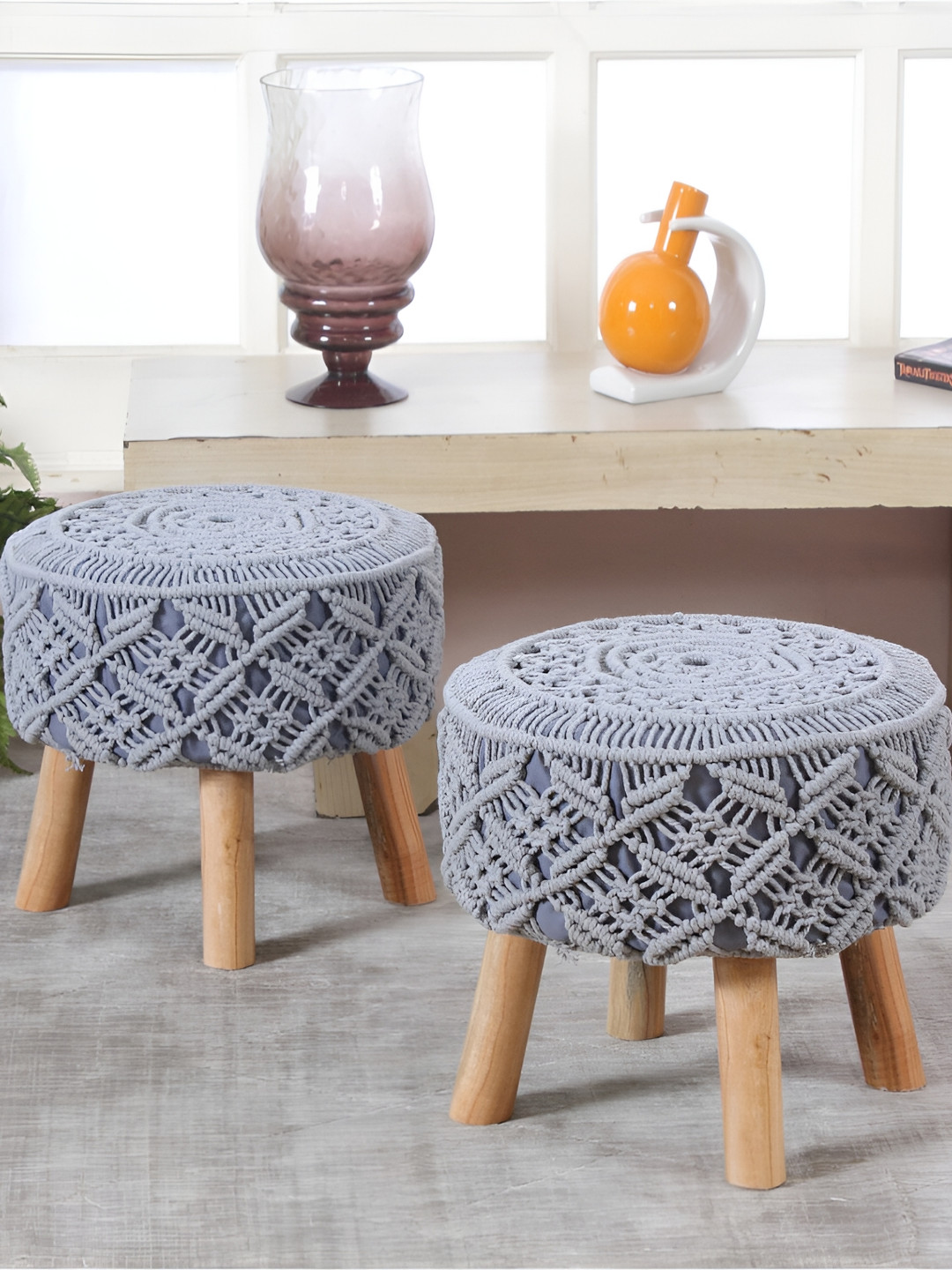 Shadowkart 2 Pcs Grey & Beige Velvet Round Ottomans