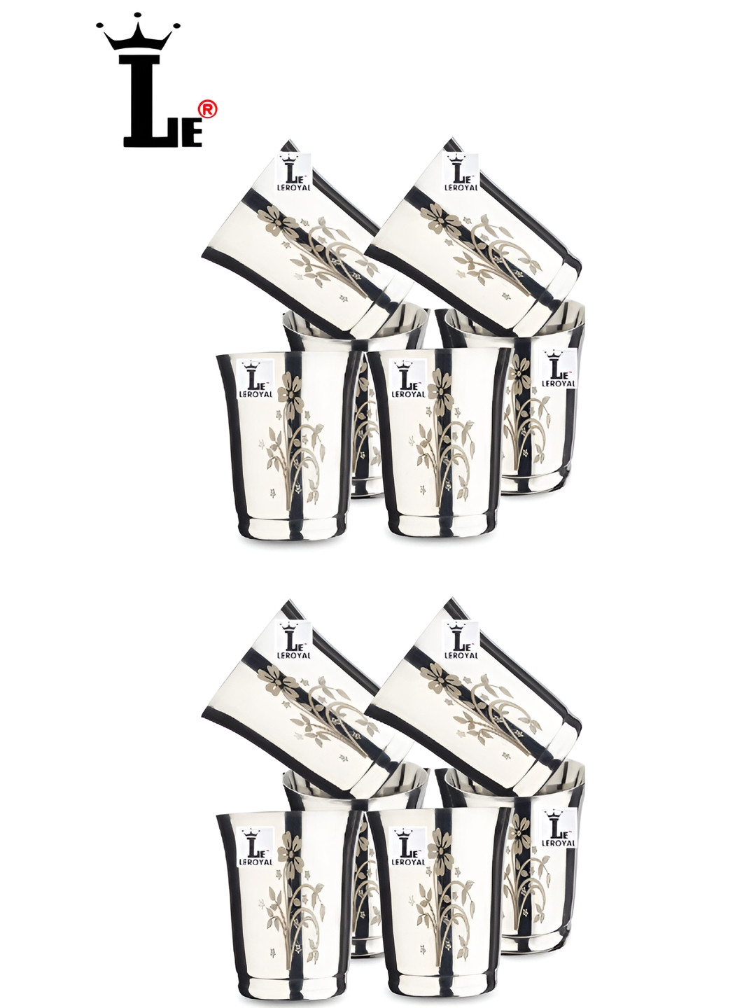 LEROYAL Silver Toned 12 Pieces Floral Stainless Steel Tumblr 350 ML