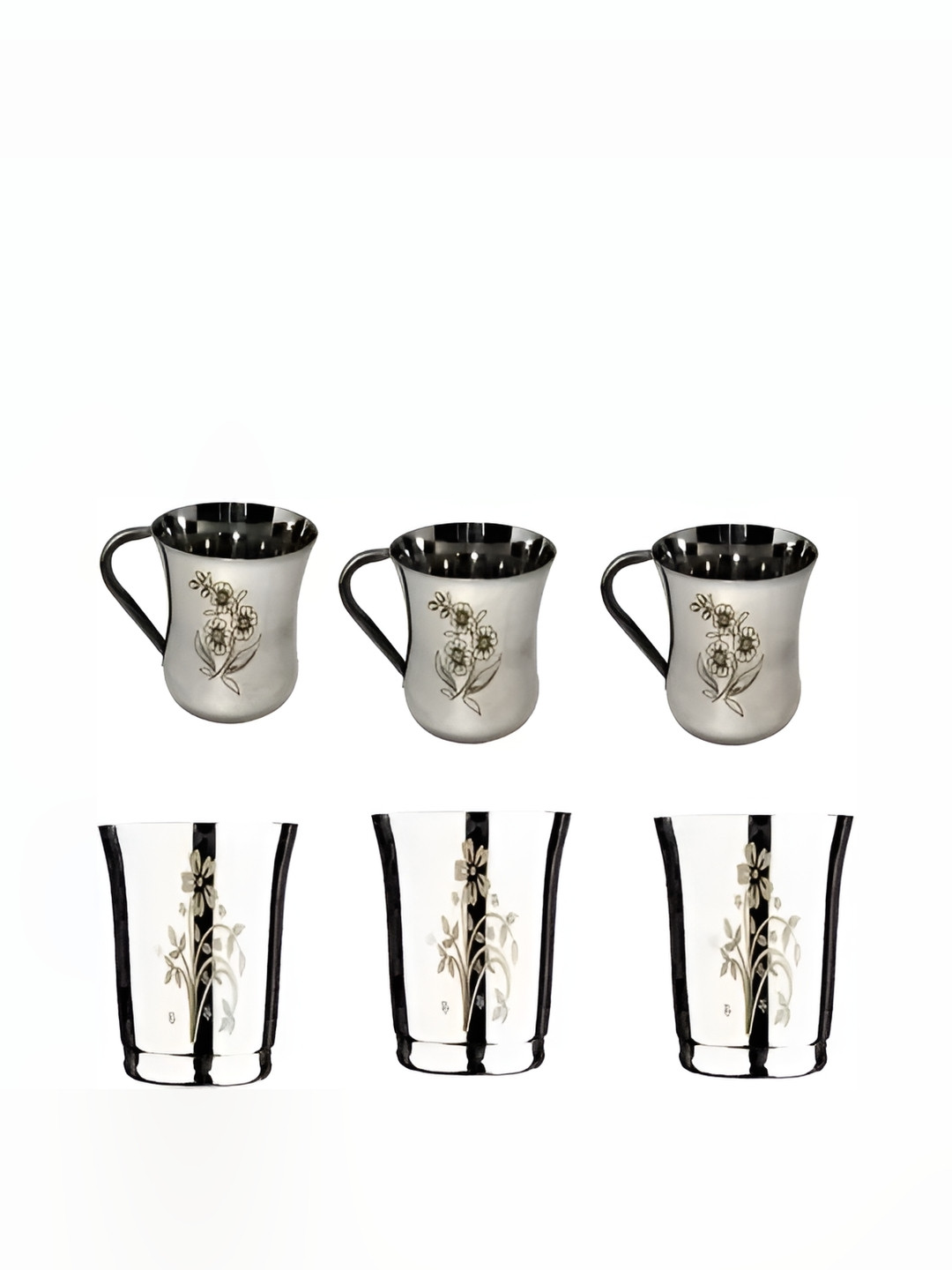 LEROYAL Silver Toned 6 Pieces Floral Stainless Steel Cup And Glasses 300 ML