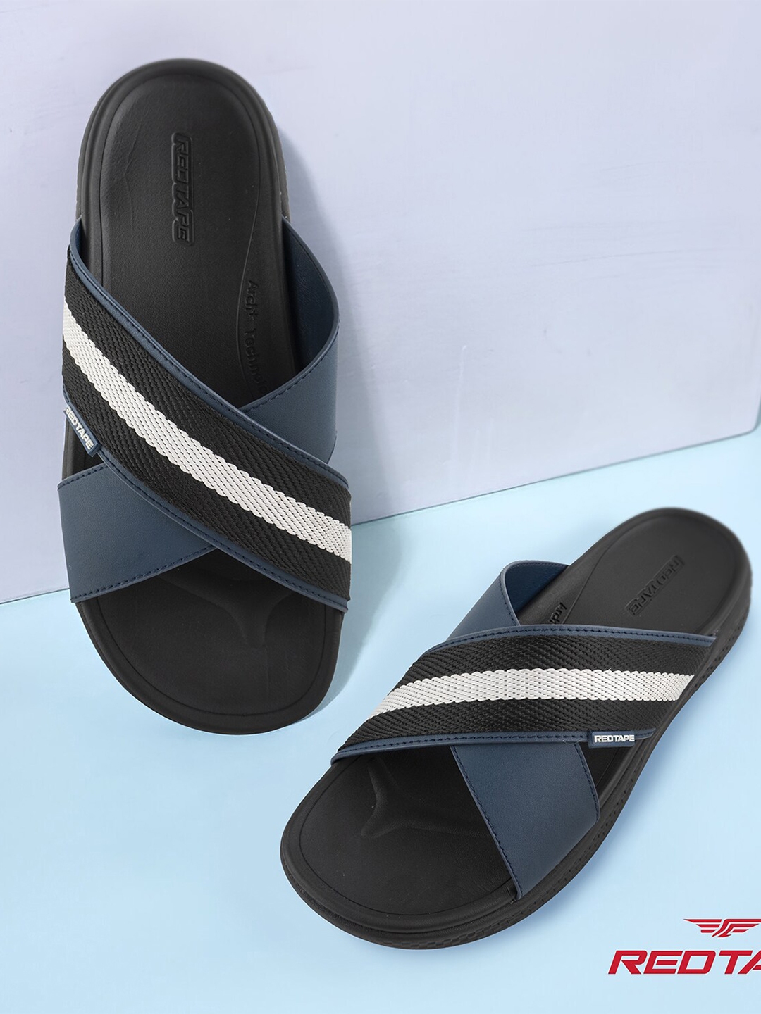 Red Tape Men Striped Lightweight Rubber Sliders