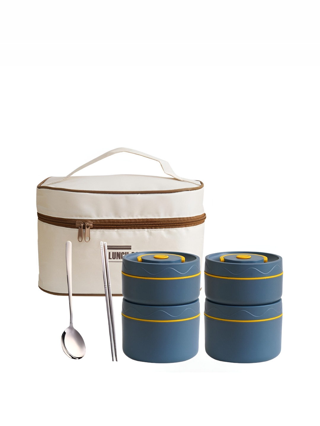 YELONA Blue & Beige Stainless Steel Dishwasher Safe Lunch Box with Bag & Cutlery