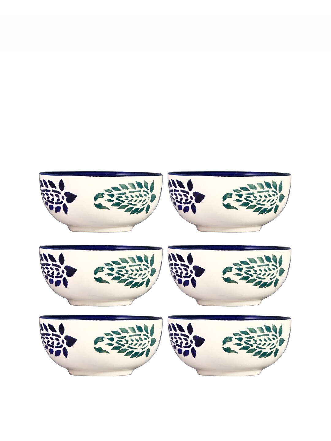 caffeine White 6 Pieces Ethnic Print Ceramic Microwave Safe Matte Finish Bowls