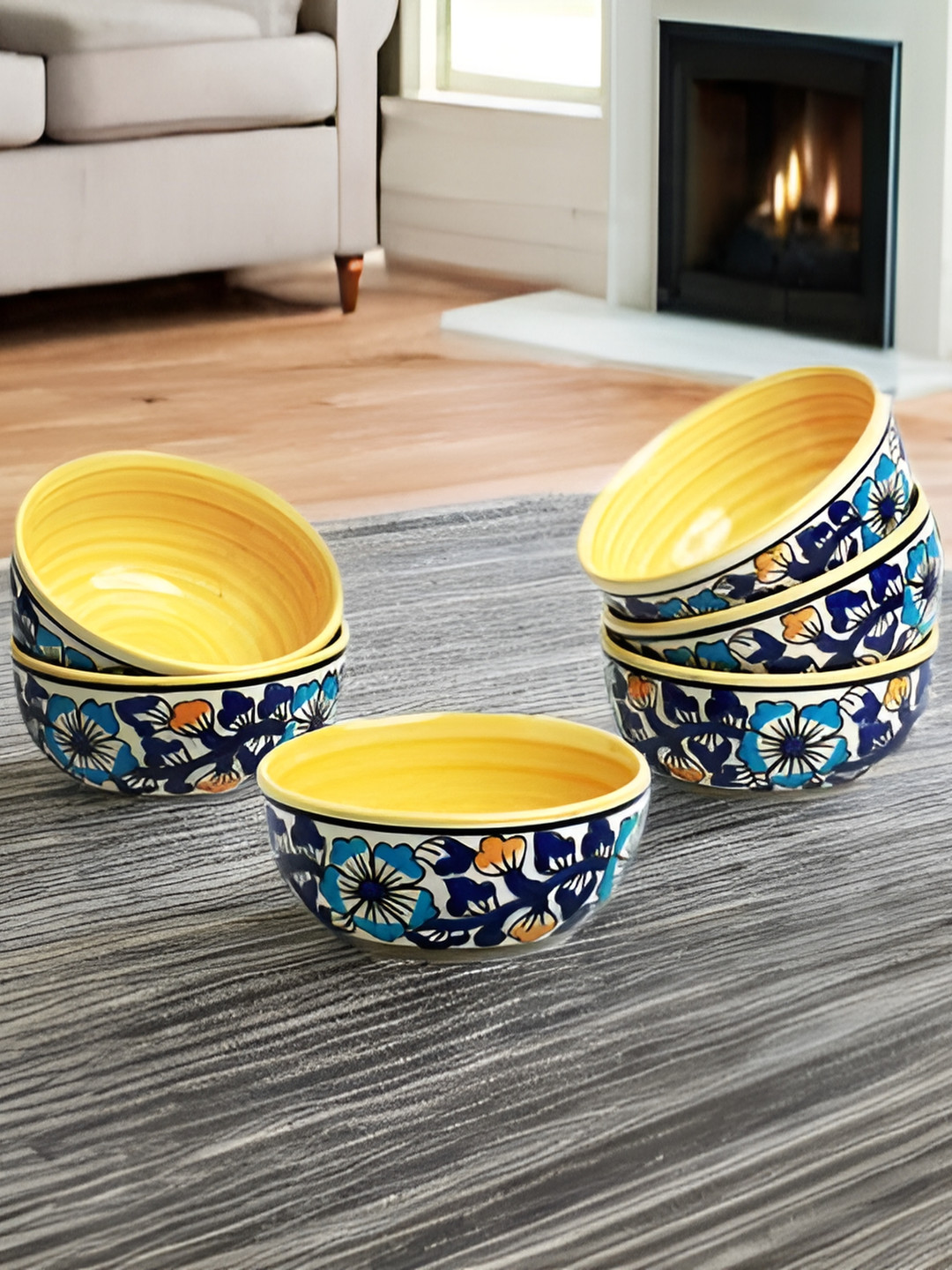 caffeine Yellow & Blue Floral Print Ceramic Microwave Safe Glossy Finish Bowls