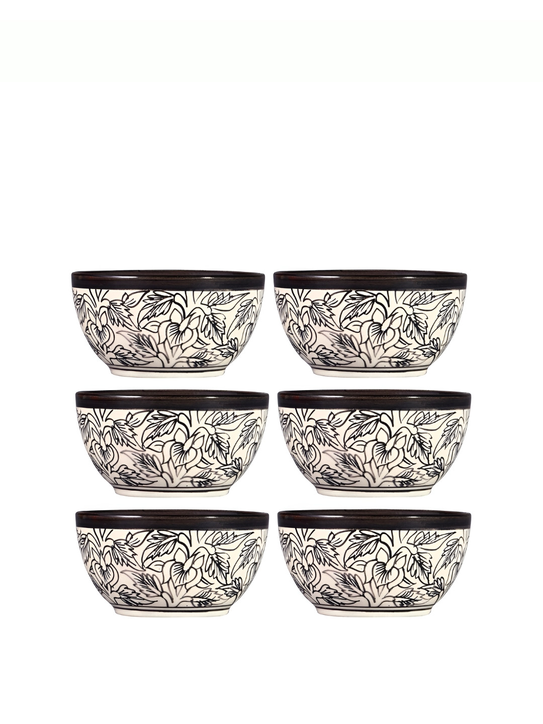caffeine White & Black Floral Print Ceramic Microwave Safe Glossy Finish Bowls