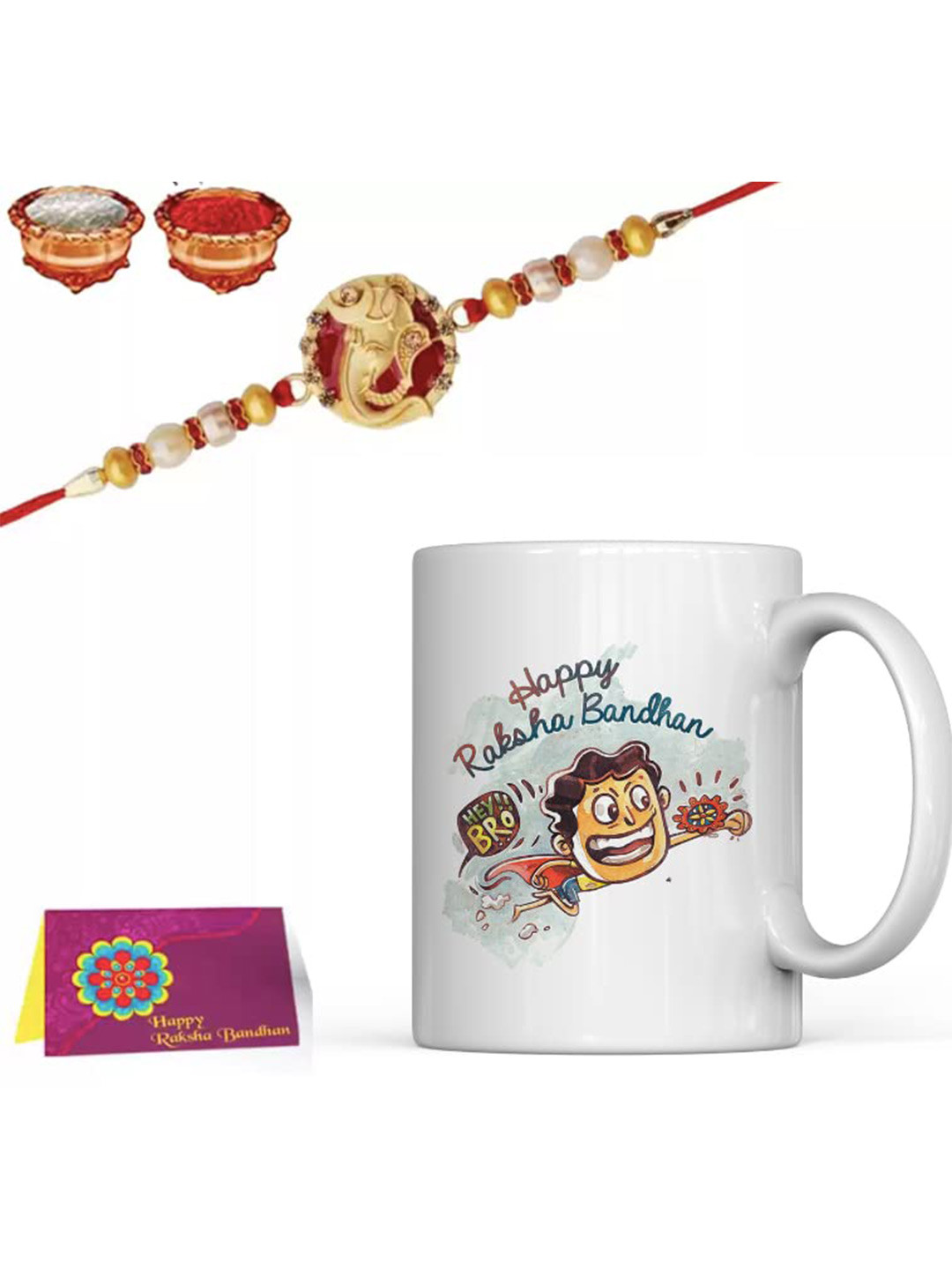 Home Decor Expert 4 Pcs White & White Printed Ceramic Mug with Rakhi Gift Set