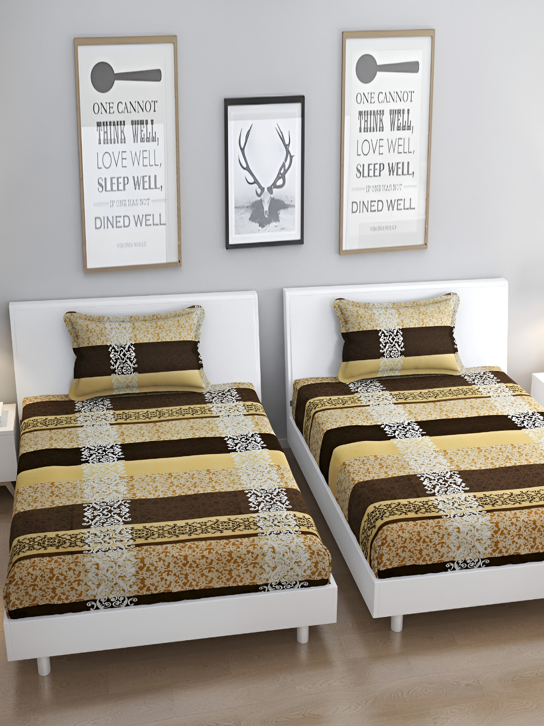 Bromwick Cream Ethnic Motifs Cotton 210 TC Single Superfine 2 Bedsheet with 2 Pillow Covers-87 x 59 inches