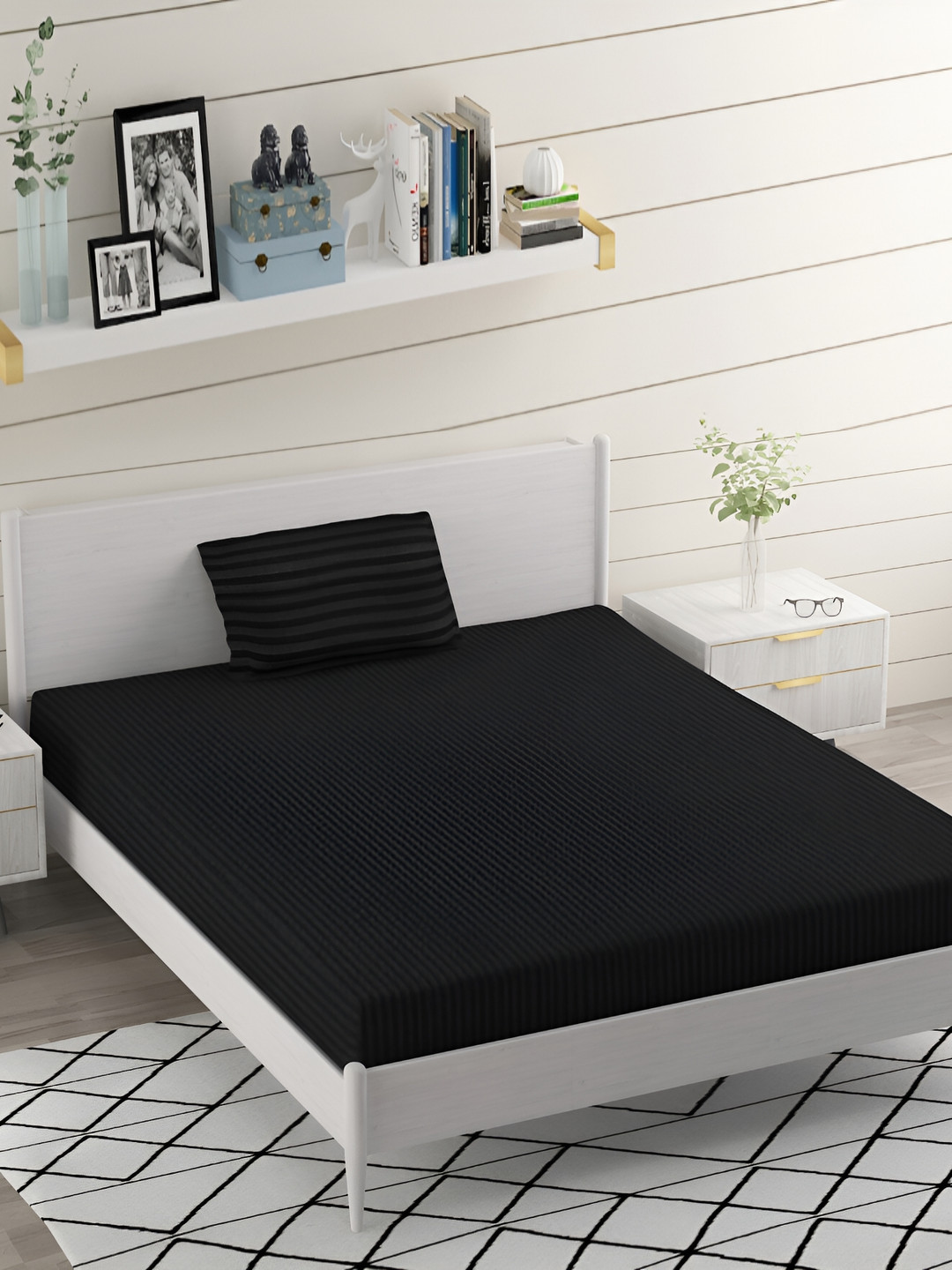 Bromwick Black Striped Cotton Breathable 210 TC Double Fine Bedsheet with a Pillow Cover-90 x 60 inches