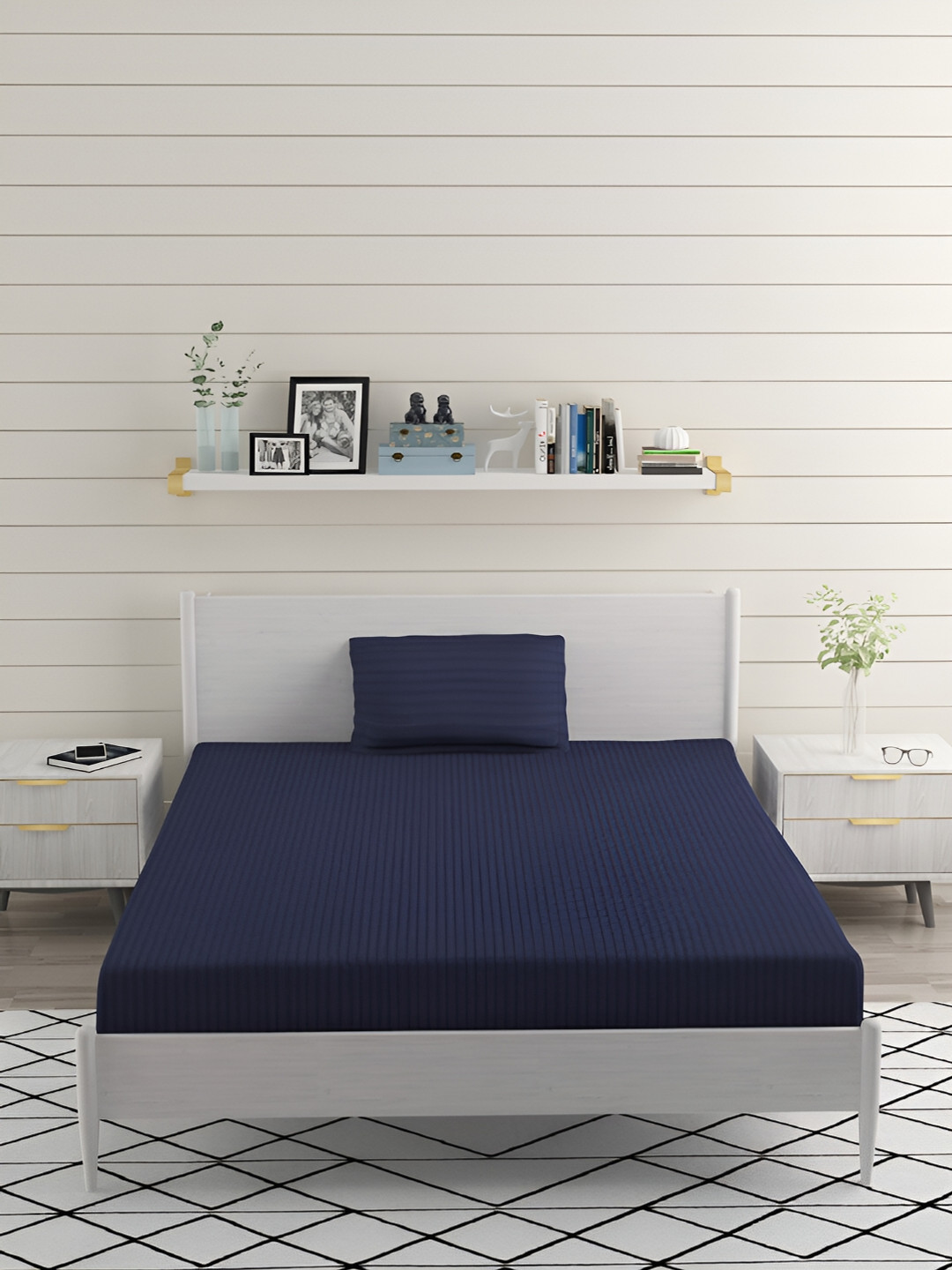 Bromwick Blue Striped Cotton 210 TC Fitted Single Fine Bedsheet with a Pillow Cover-90 x 60 inches