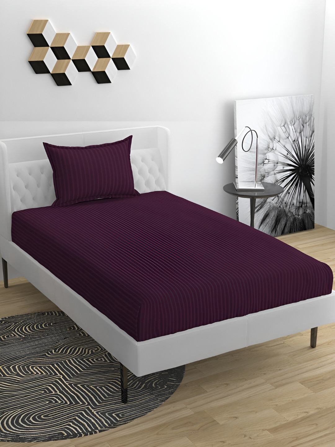 Bromwick Violet Striped Cotton 210 TC Single Fine Bedsheet with a Pillow Cover-90 x 60 inches