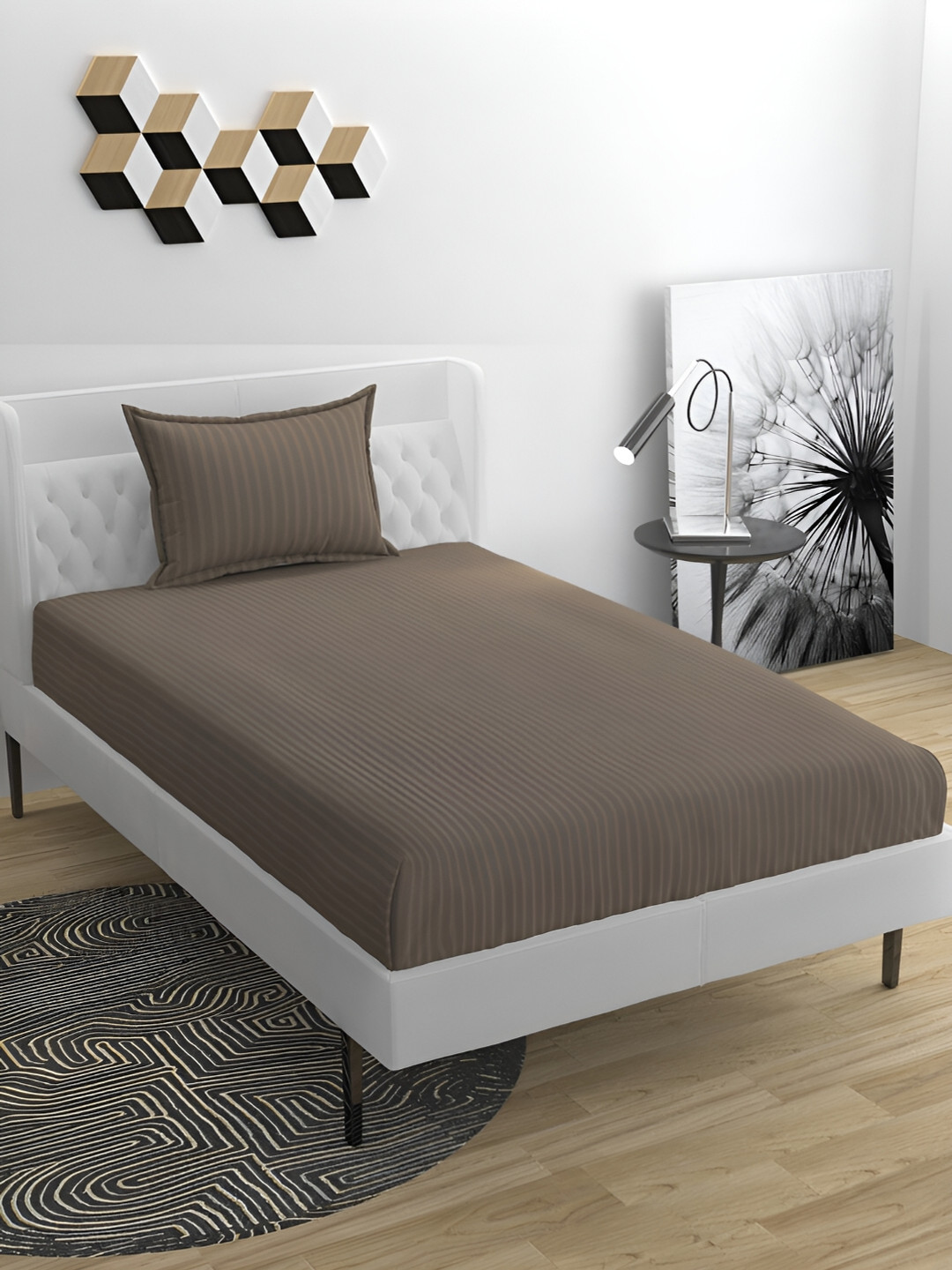 Bromwick Beige Striped Cotton 210 TC Single Fine Bedsheet with a Pillow Cover-90 x 60 inches