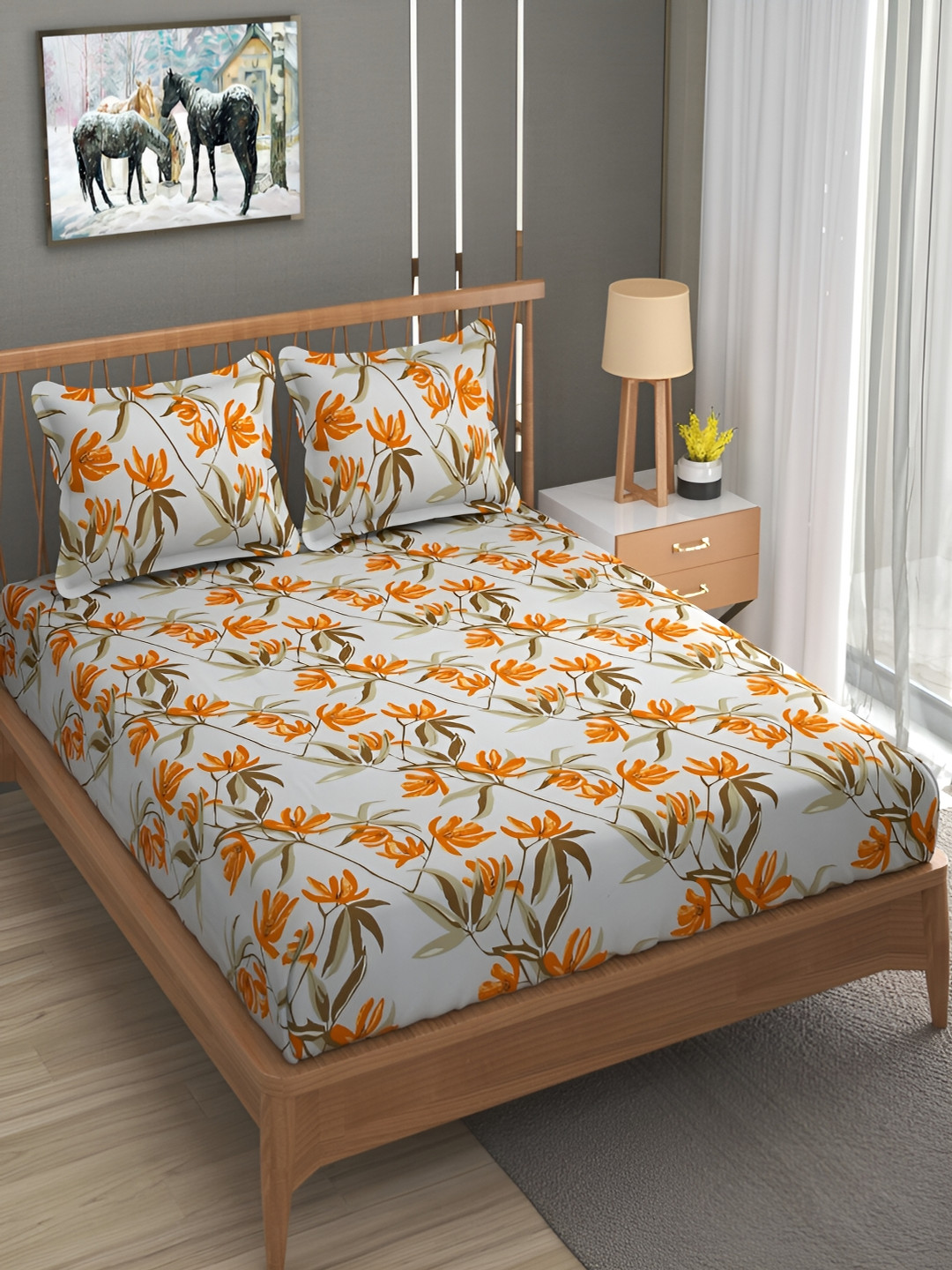 Bromwick Orange Floral Cotton 210 TC Queen Superfine Bedsheet with 2 Pillow Covers-220 x 250 cm