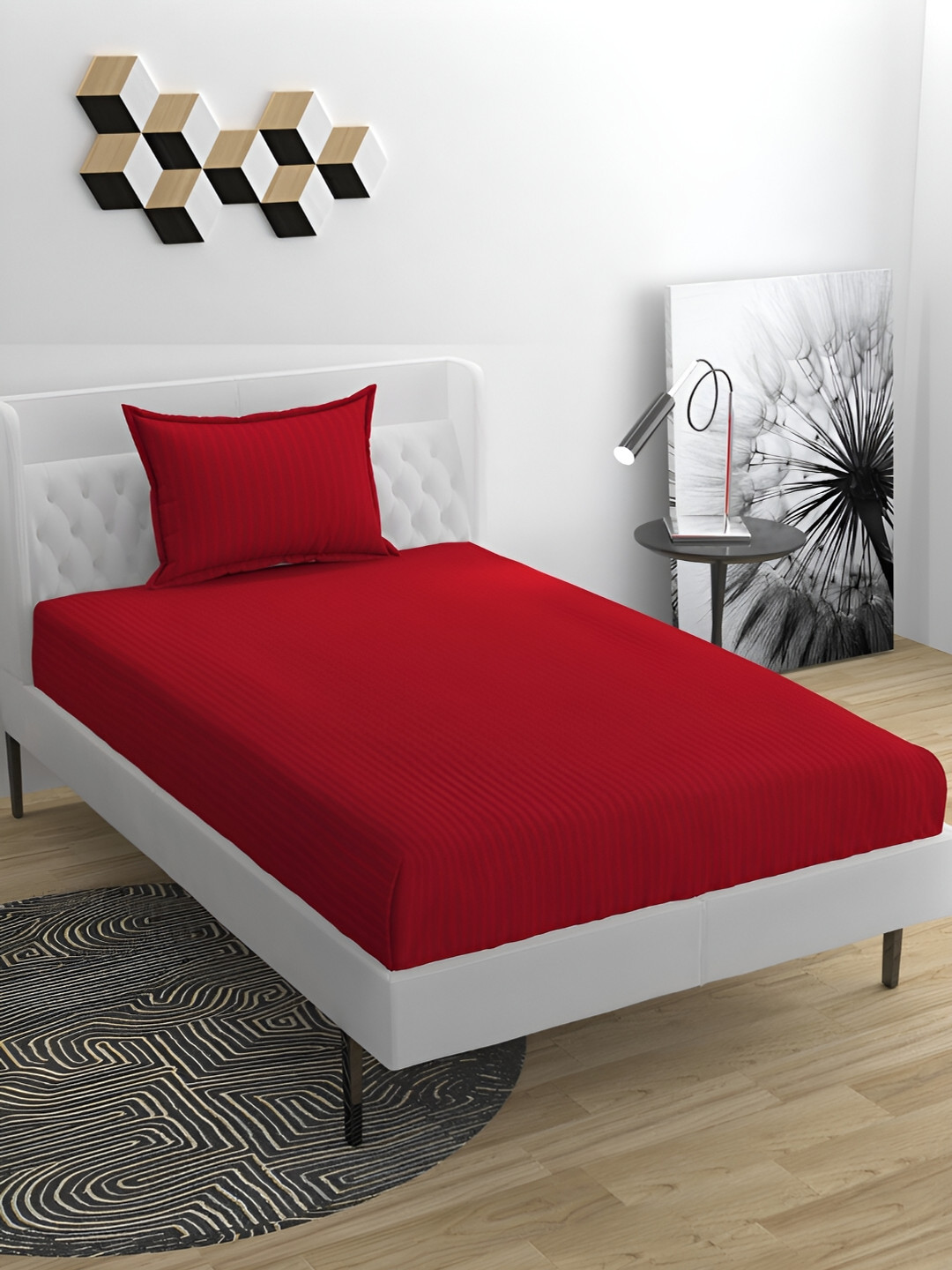 Bromwick Hermosa Eclectic Garden Maeve Red Striped Cotton 210 TC Single Fine Bedsheet with a Pillow Cover-228 x 152 cm