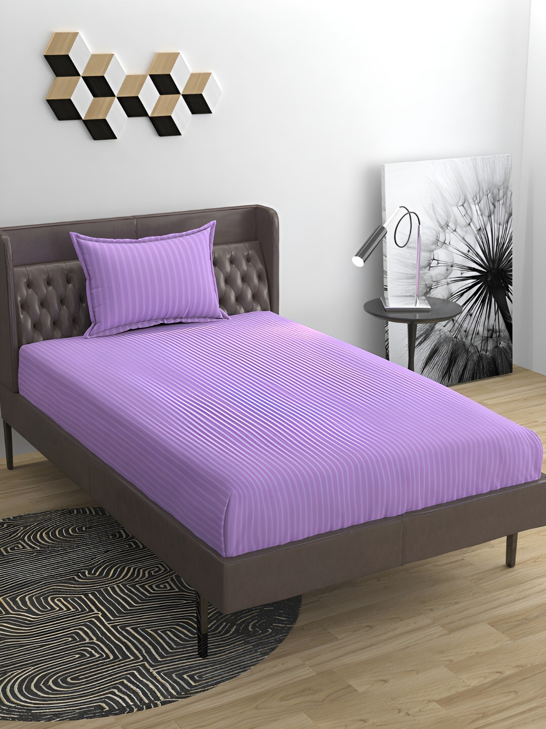 Bromwick Lavender Striped Cotton 210 TC Single Fine Bedsheet with a Pillow Cover-90 x 60 inches
