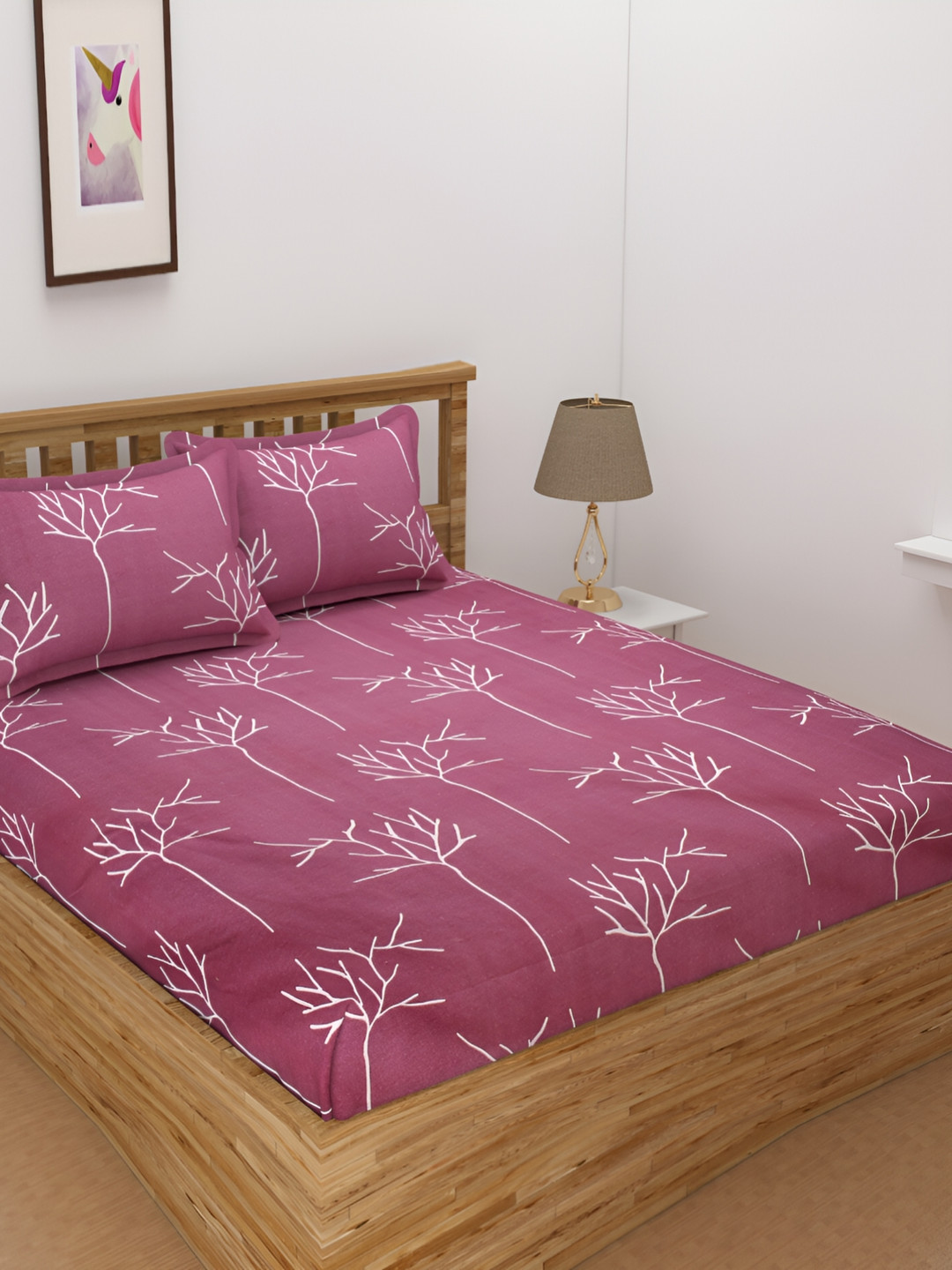 Bromwick Dark Purple Floral Cotton 210 TC Fitted Crib Bedsheet With 2 Pillow Covers