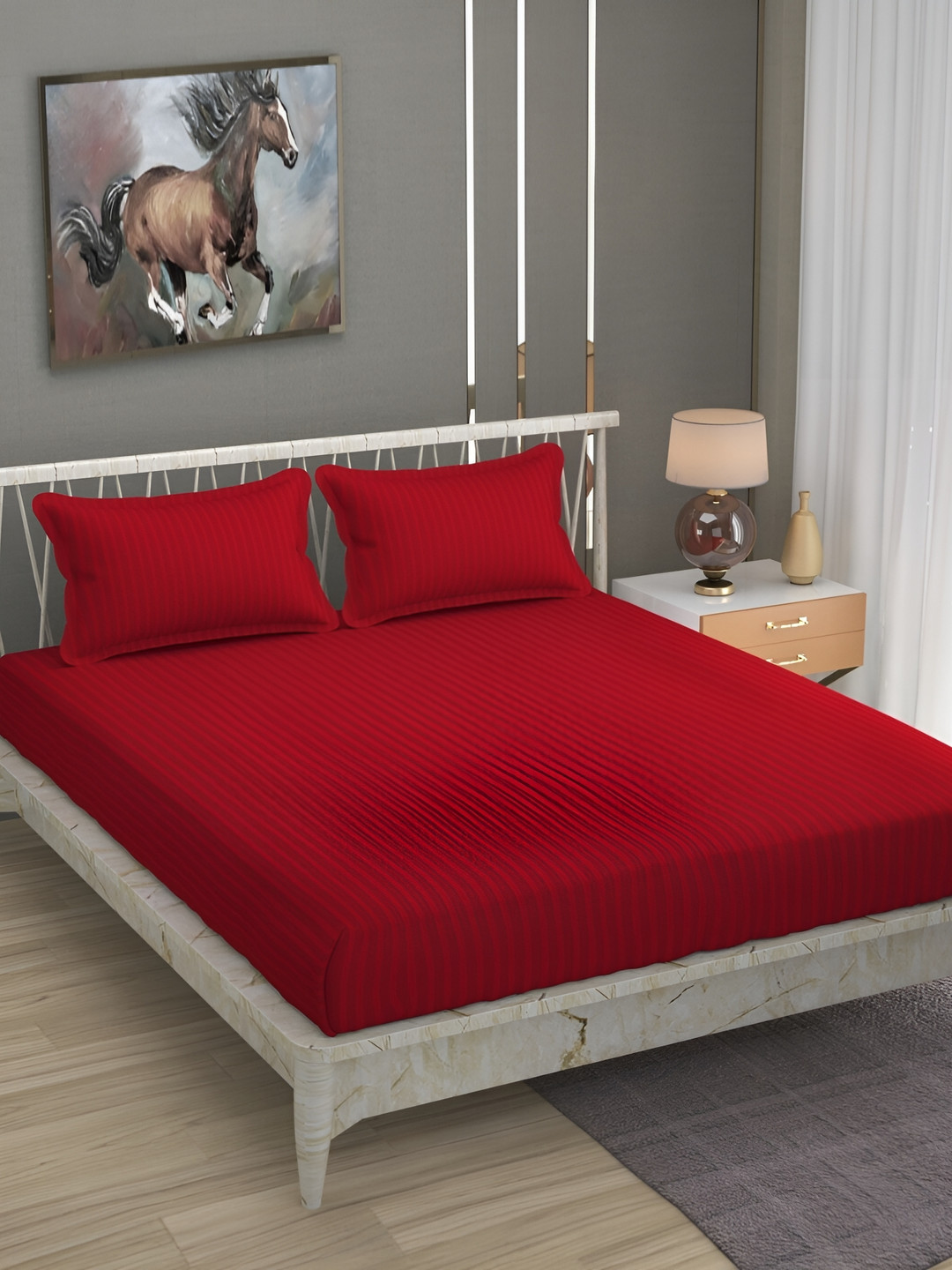 Bromwick Red Striped Cotton 210 TC Queen Superfine Bedsheet with 2 Pillow Covers-87 x 89 inches