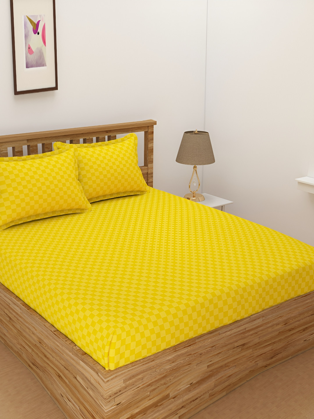 Bromwick Yellow Checked Cotton 210 TC Fitted Crib Fine Bedsheet with 2 Pillow Covers-182 x 198 x 15.2 cm