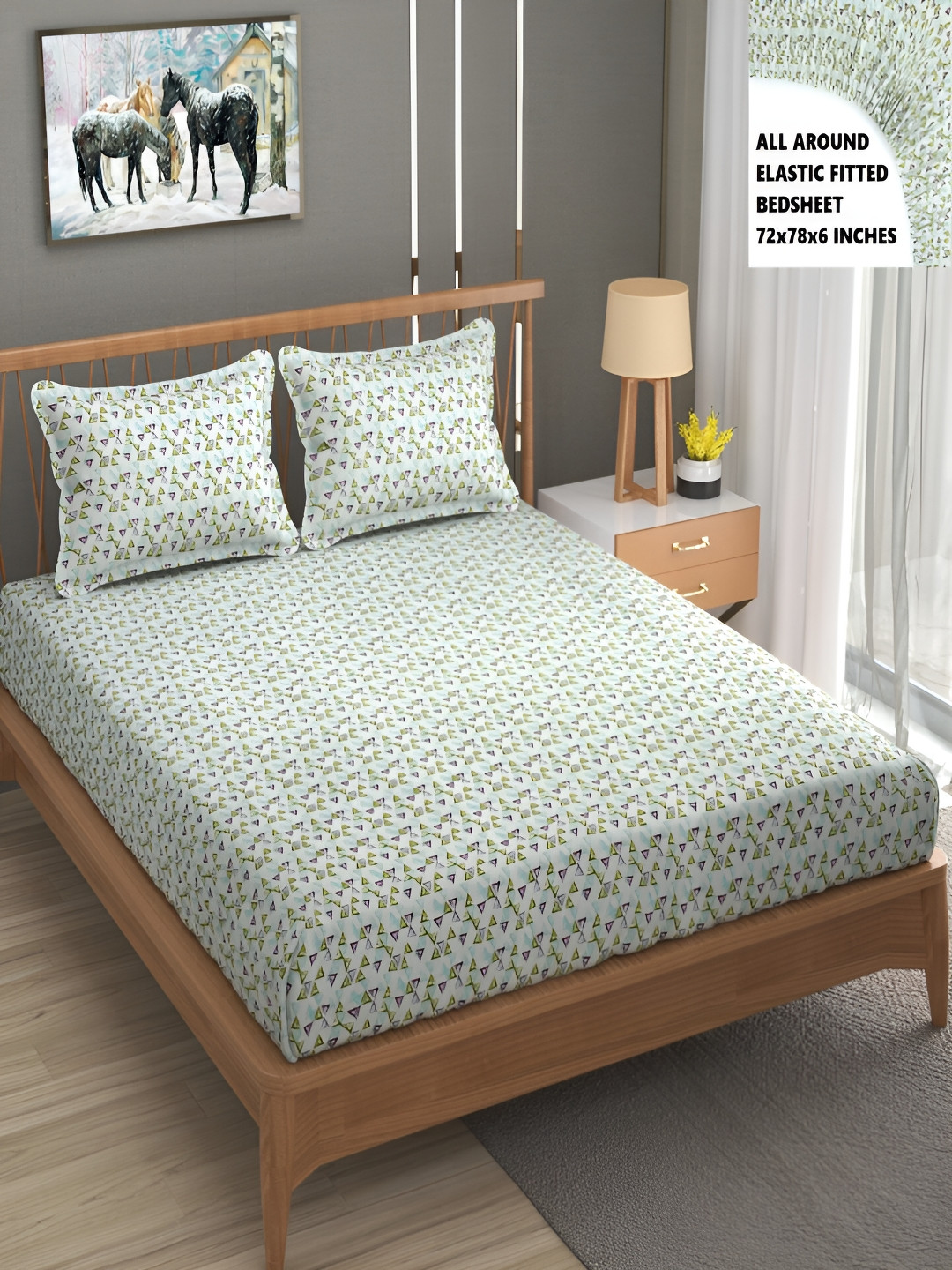 Bromwick Green Abstract Cotton 210 TC Fitted Crib Fine Bedsheet with 2 Pillow Covers-182 x 198 x 15.2 cm