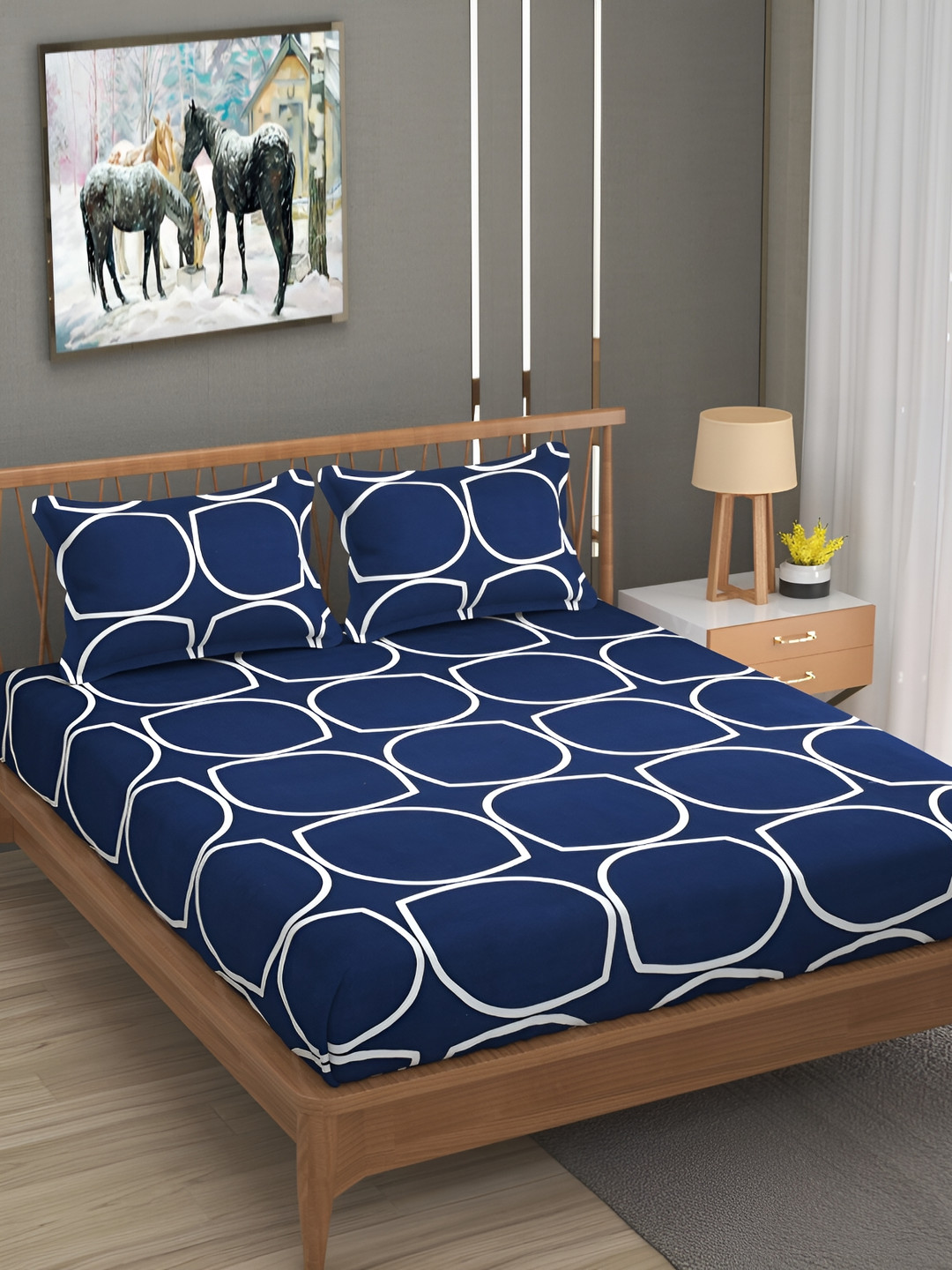 Bromwick Navy Blue Geometric Cotton 210 TC Fitted Crib Bedsheet with 2 Pillow Covers